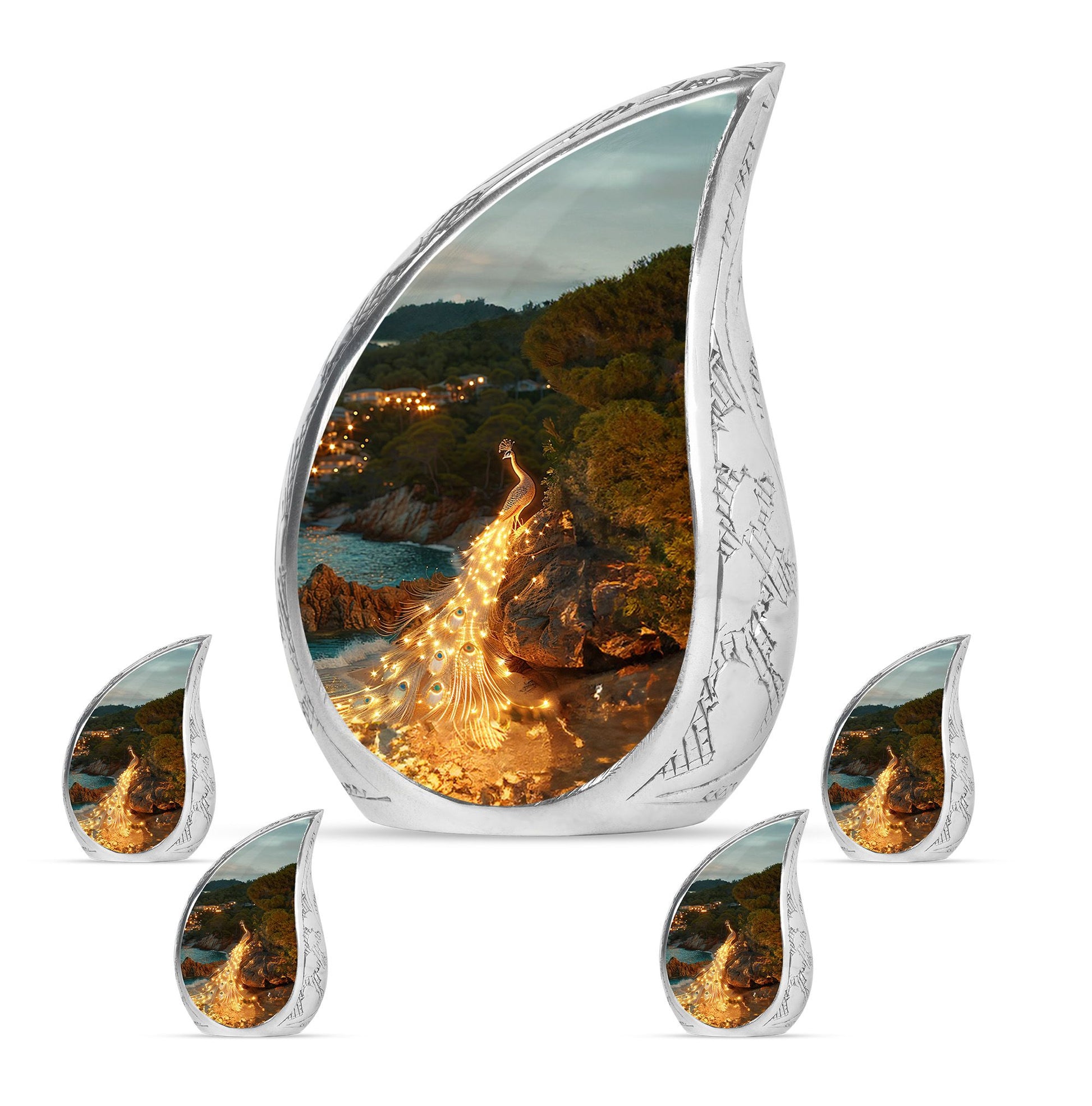 Peacock Theme Large Urn With 4 Keepsake Urn