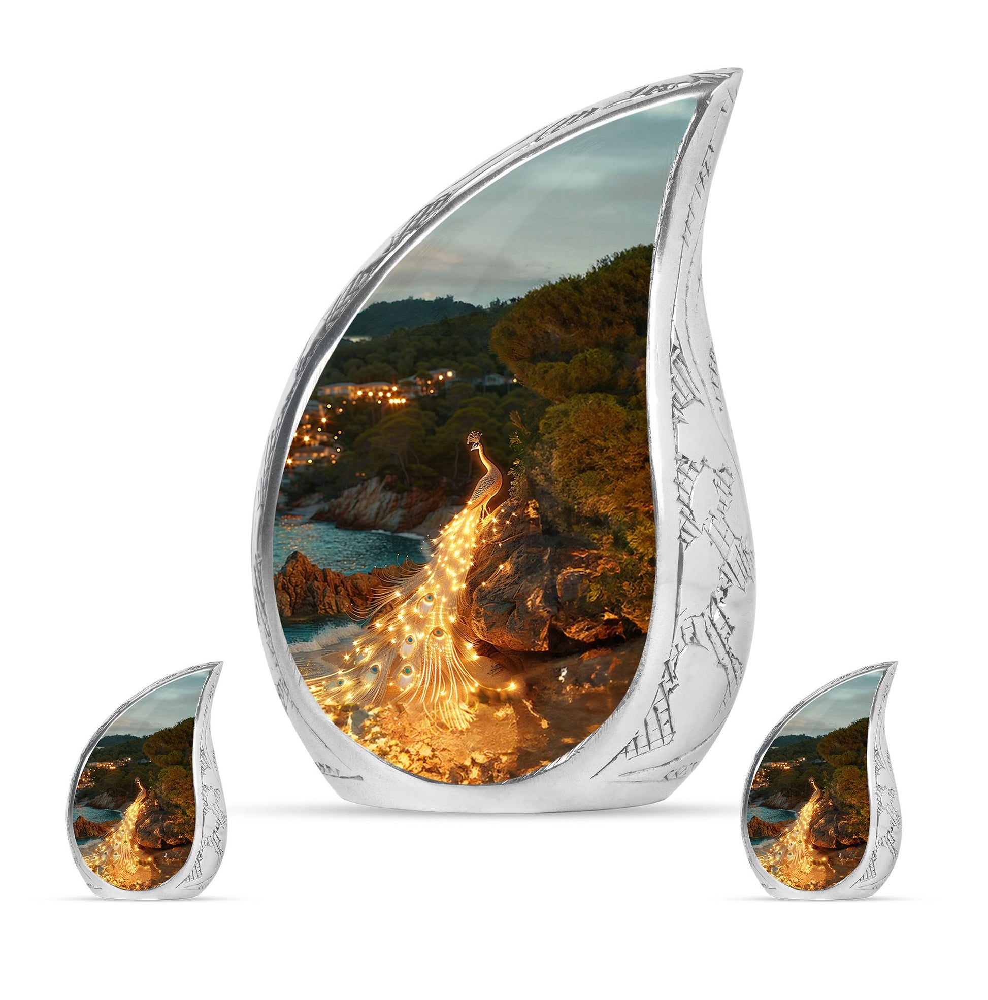 Peacock Theme Large Urn With 2 Keepsake Urn