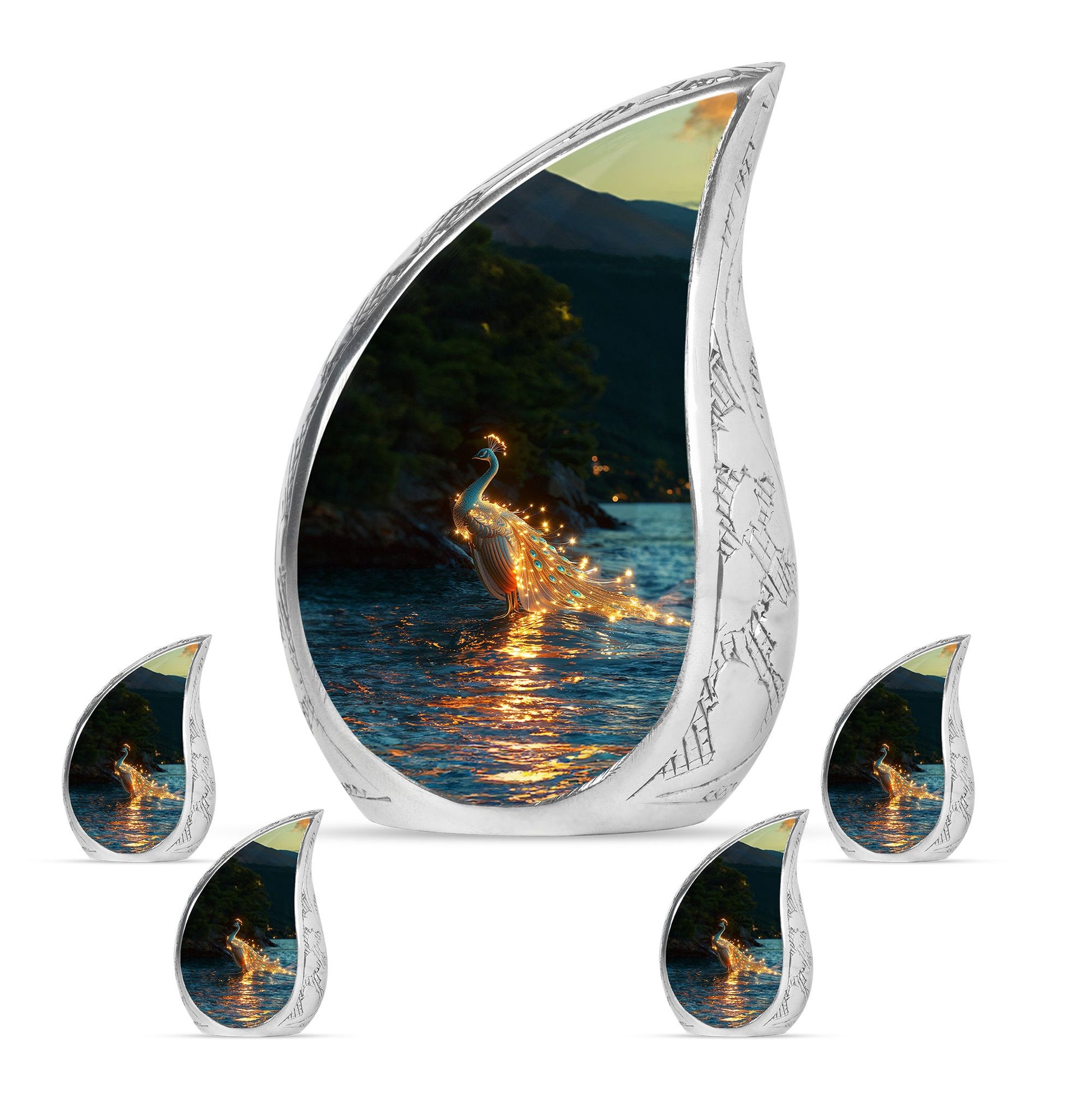 Peacock Theme Large Urn With 4 Keepsake Urn