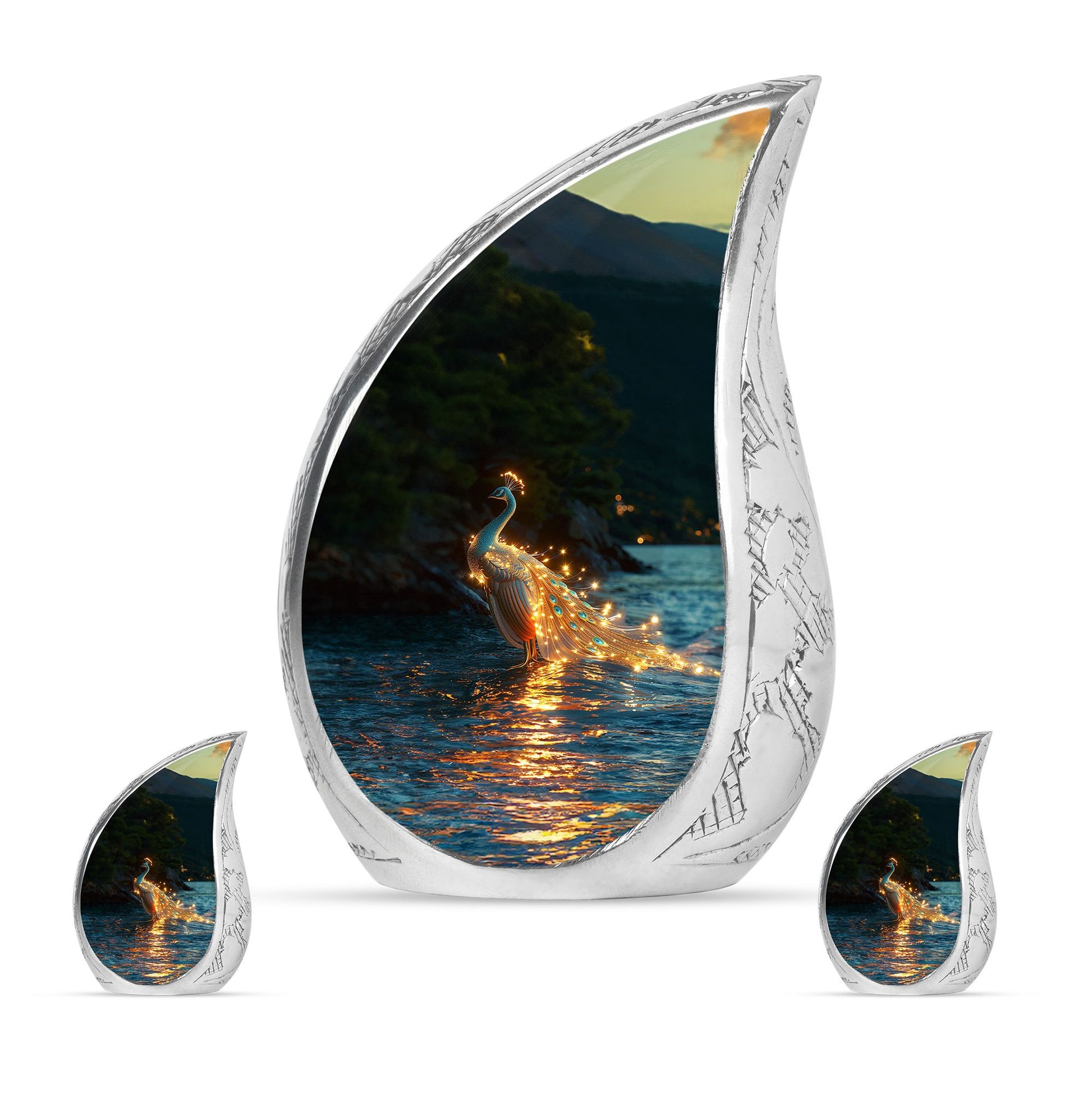 Peacock Theme Large Urn With 2 Keepsake Urn