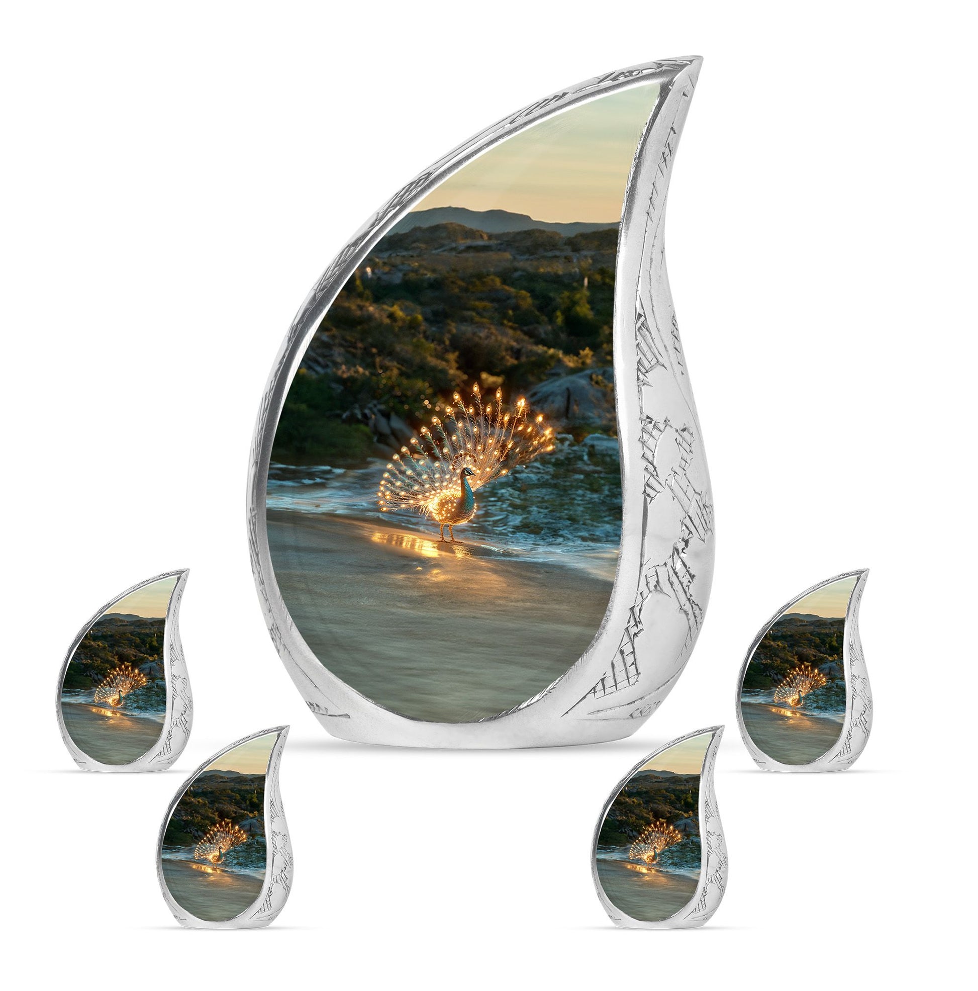 Peacock Theme Large Urn With 4 Keepsake Urn