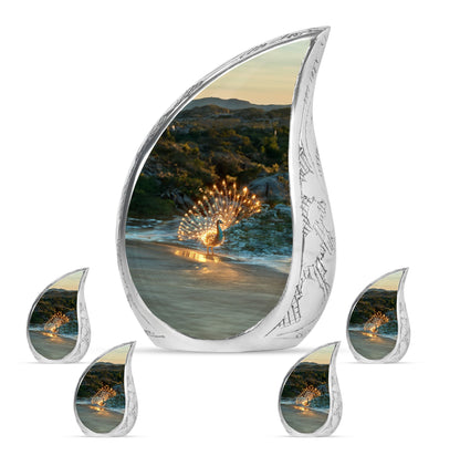 Peacock Theme Large Urn With 4 Keepsake Urn