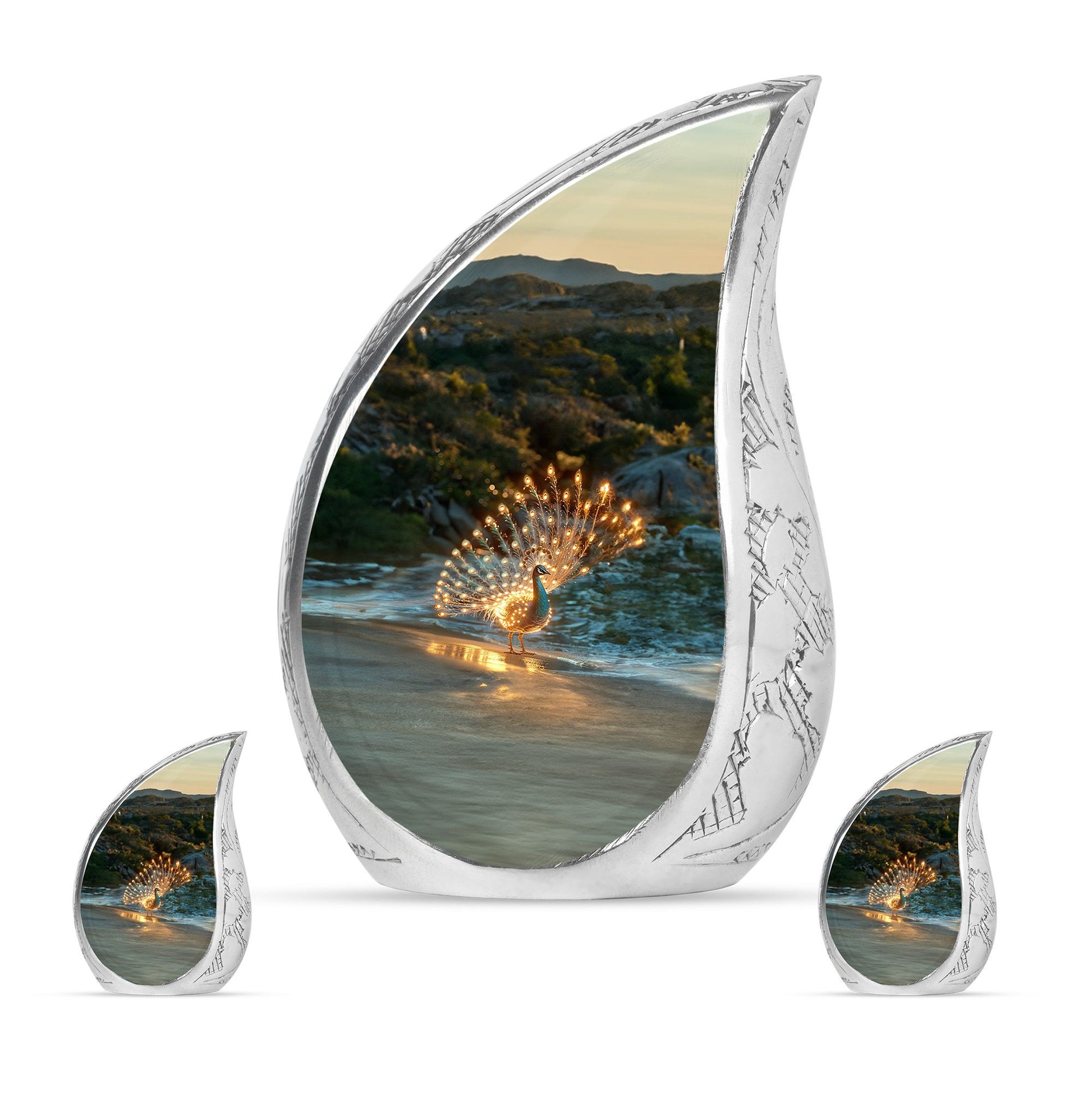 Peacock Theme Large Urn With 2 Keepsake Urn