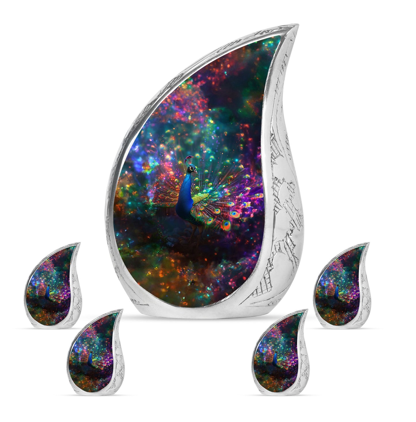 Peacock Theme Large Urn With 4 Keepsake Urn