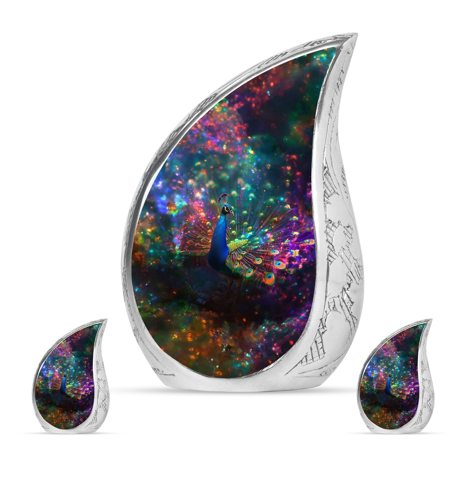 Peacock Theme Large Urn With 2 Keepsake Urn