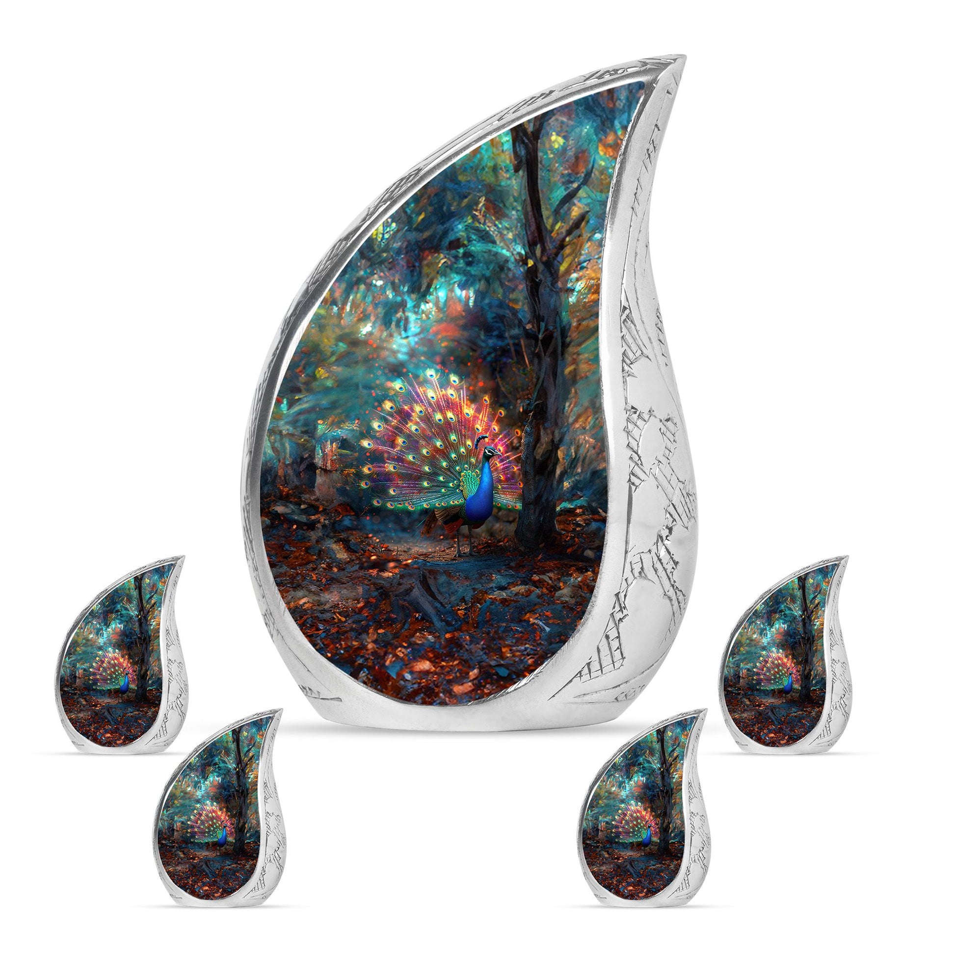 Peacock Theme Large Urn With 4 Keepsake Urn