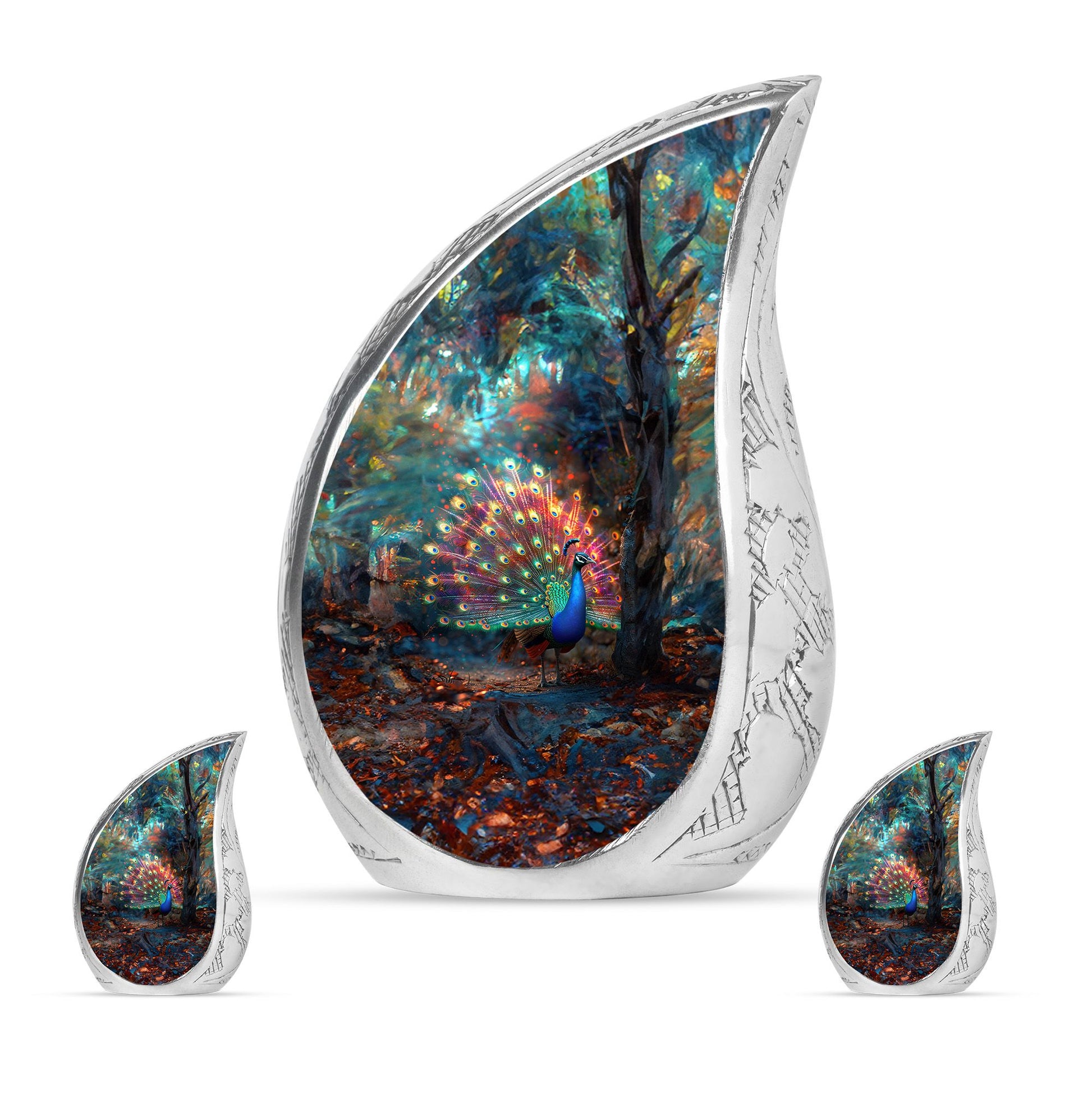 Peacock Theme Large Urn With 2 Keepsake Urn