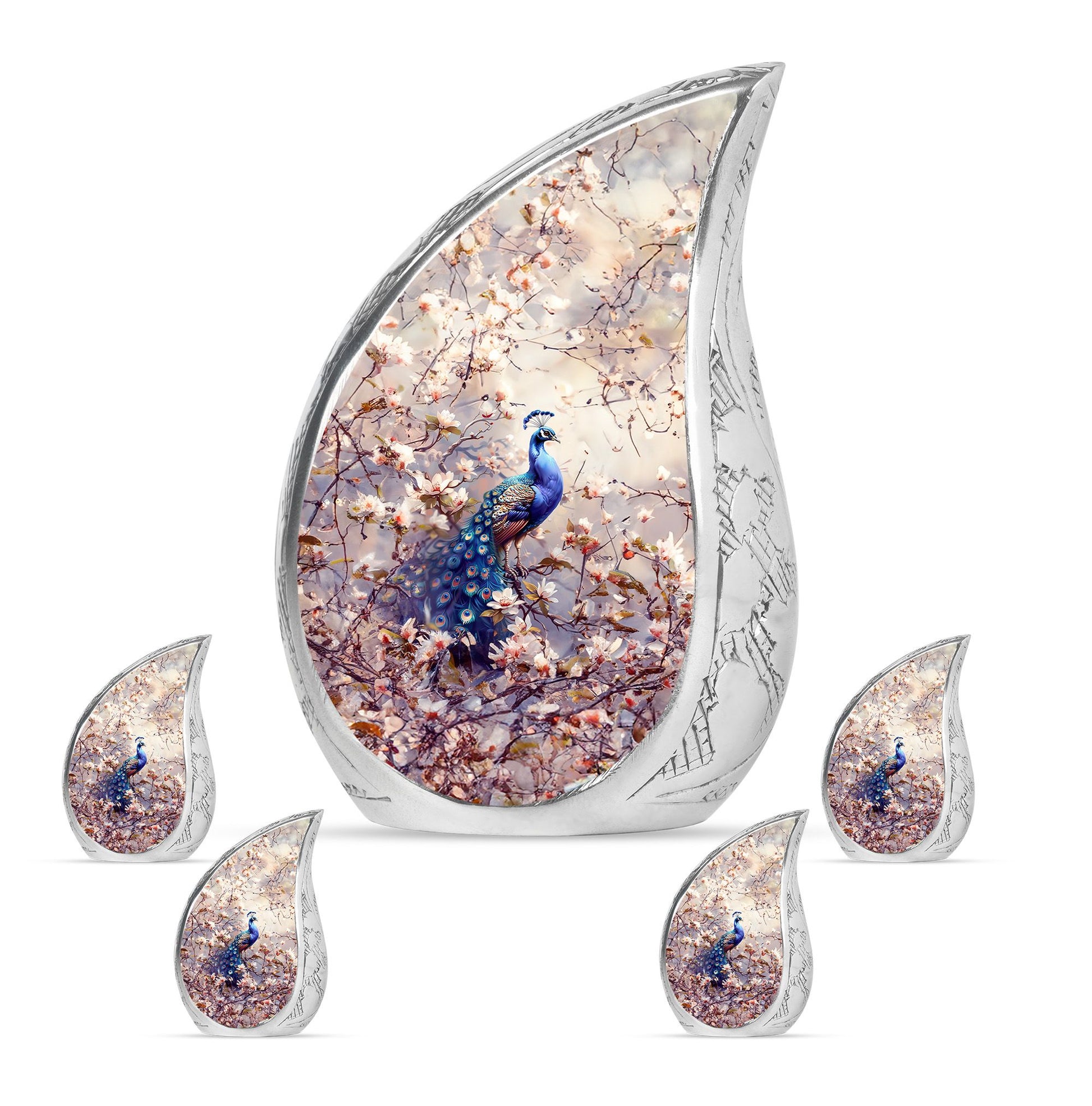 Peacock Theme Large Urn With 4 Keepsake Urn