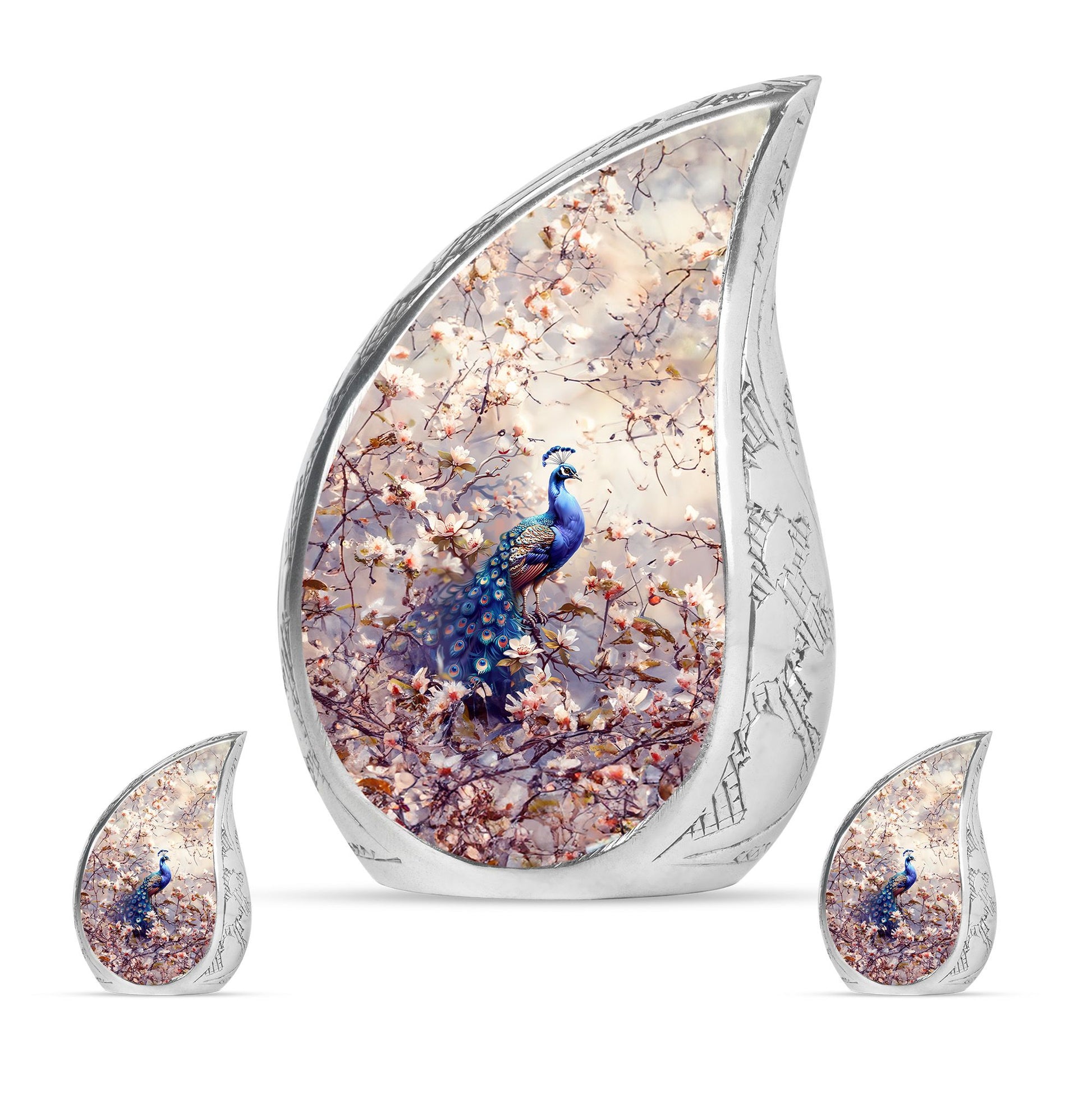 Peacock Theme Large Urn With 2 Keepsake Urn