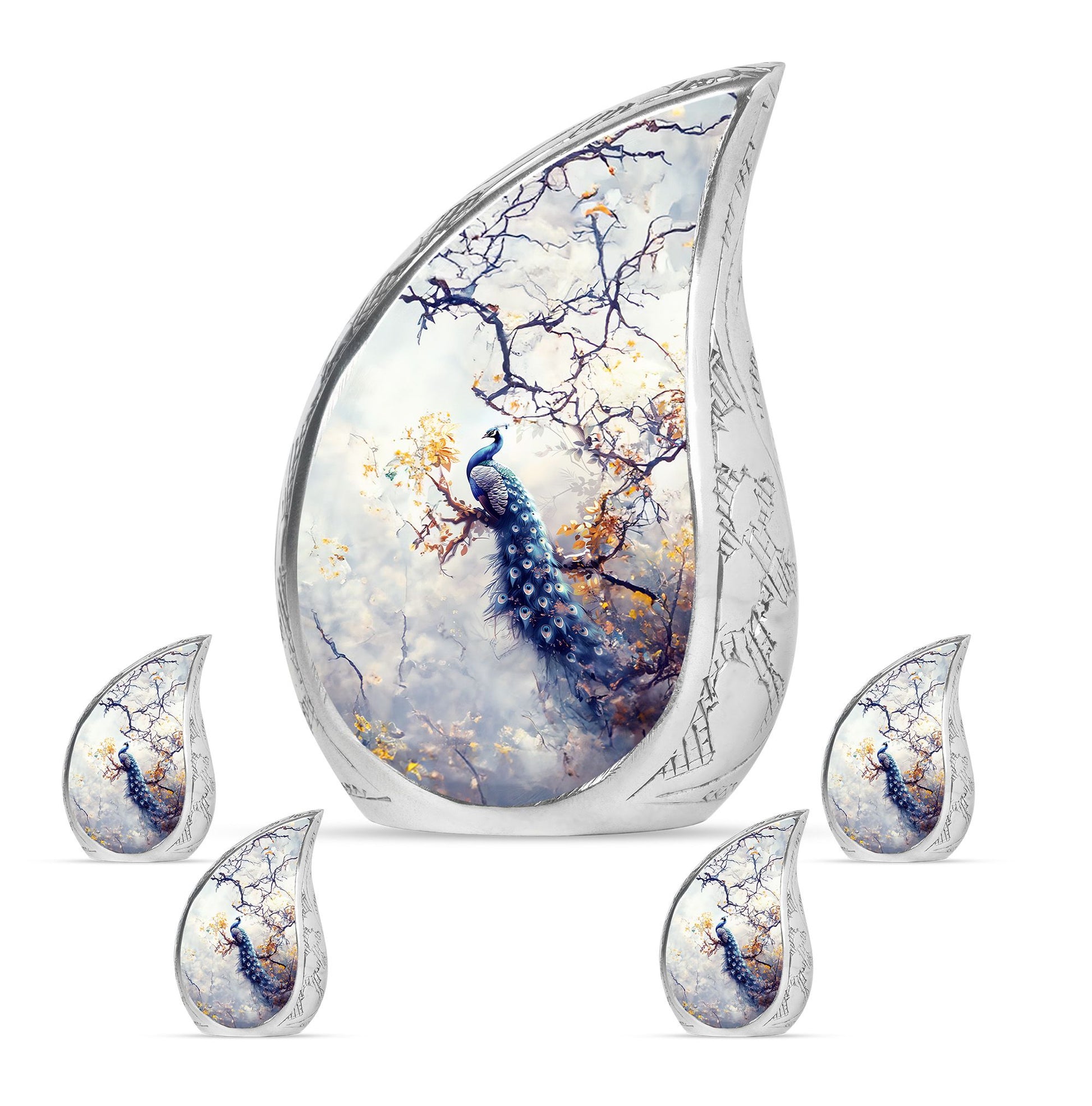 Peacock Theme Large Urn With 4 Keepsake Urn