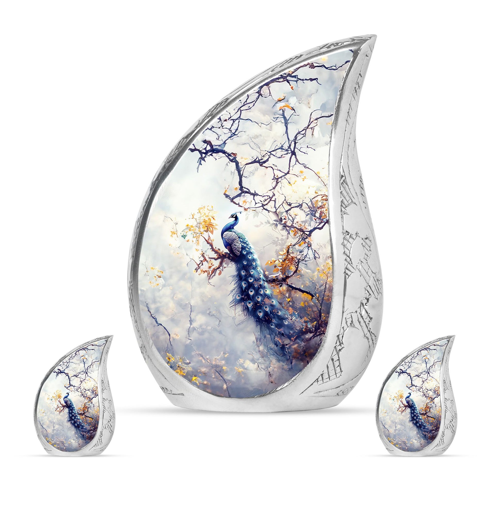 Peacock Theme Large Urn With 2 Keepsake Urn