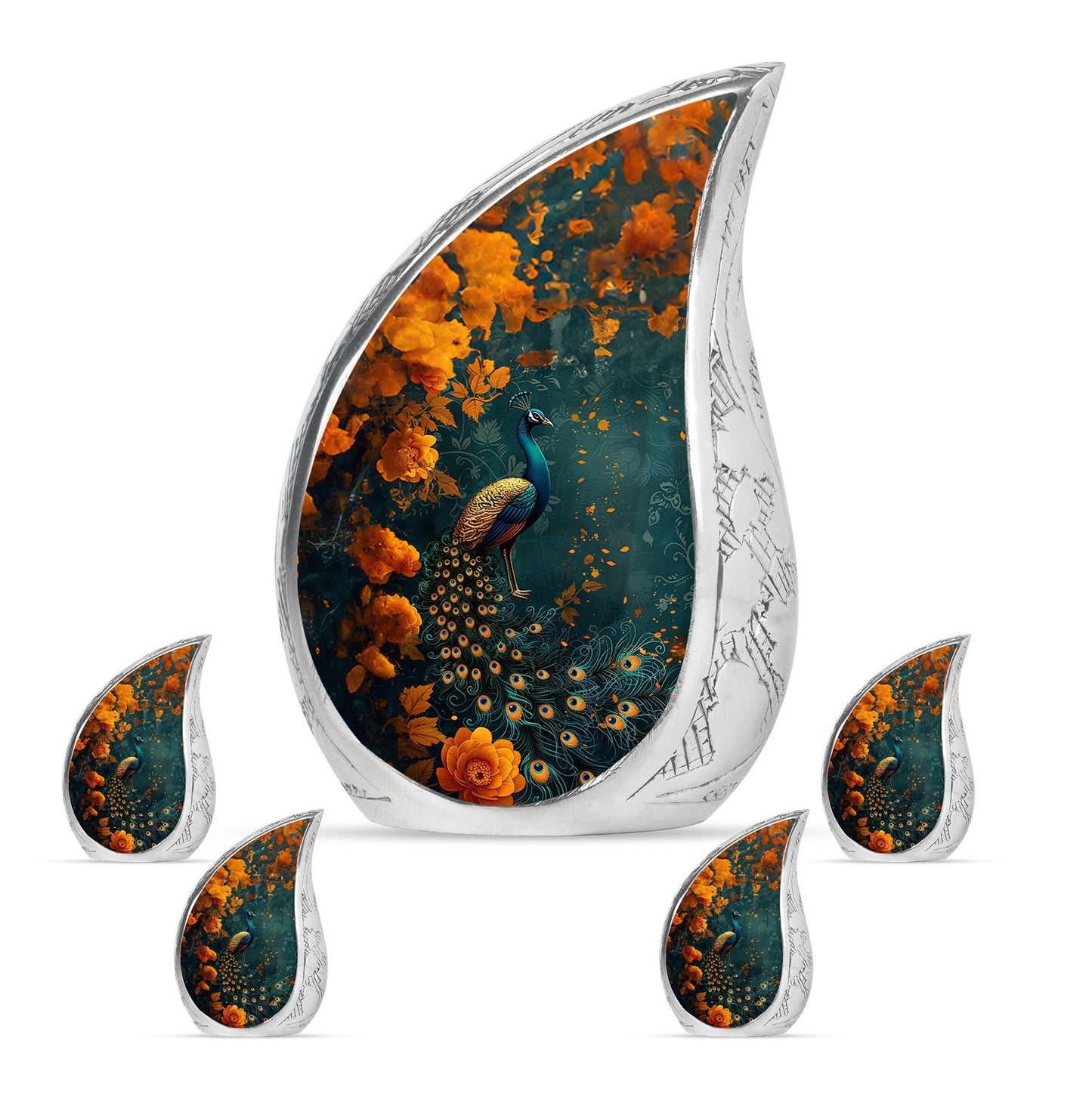 Peacock Theme Large Urn With 4 Keepsake Urn