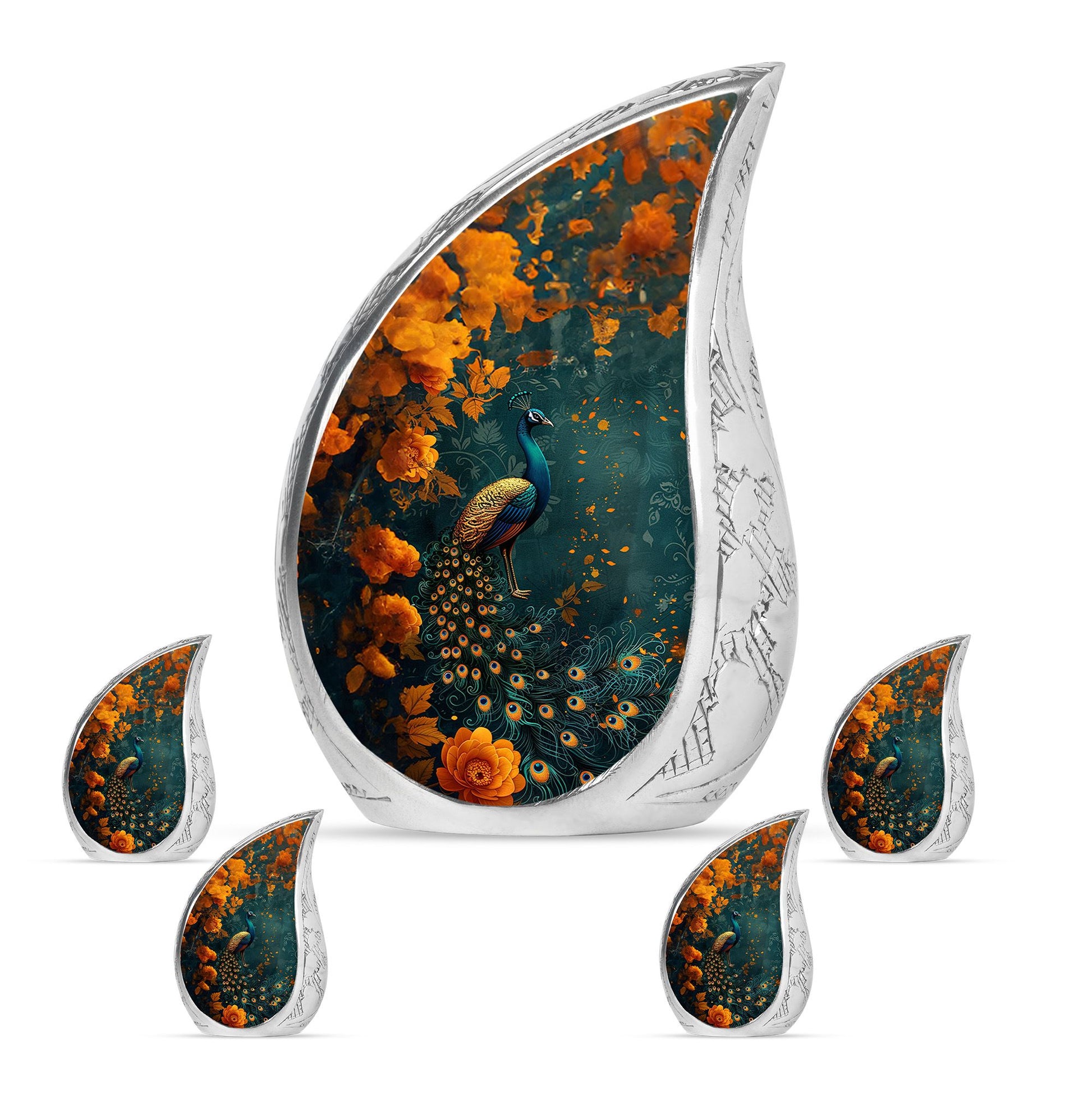 Peacock Theme Large Urn With 4 Keepsake Urn