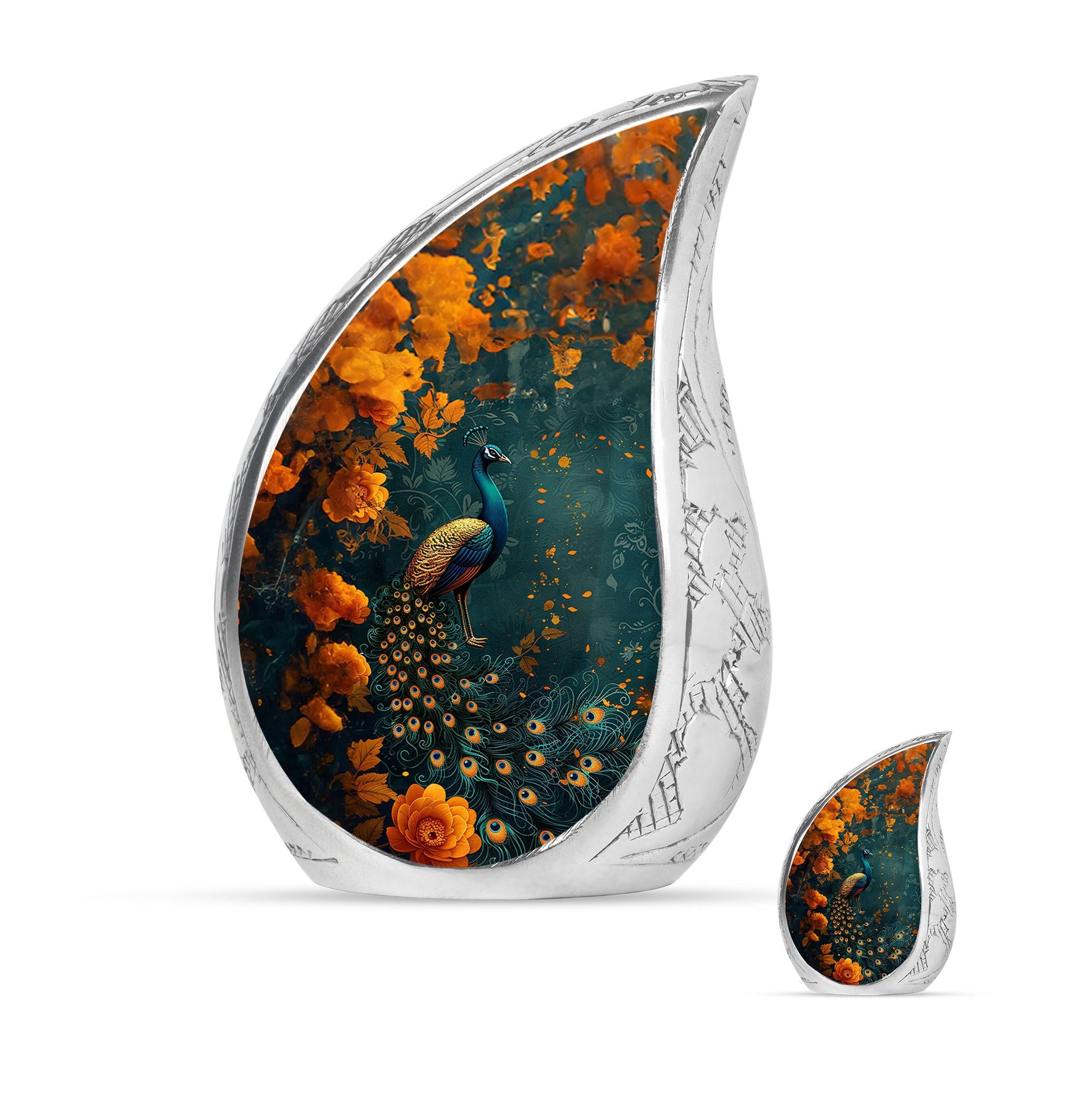 Peacock Theme Large Urn With 1 Keepsake Urn