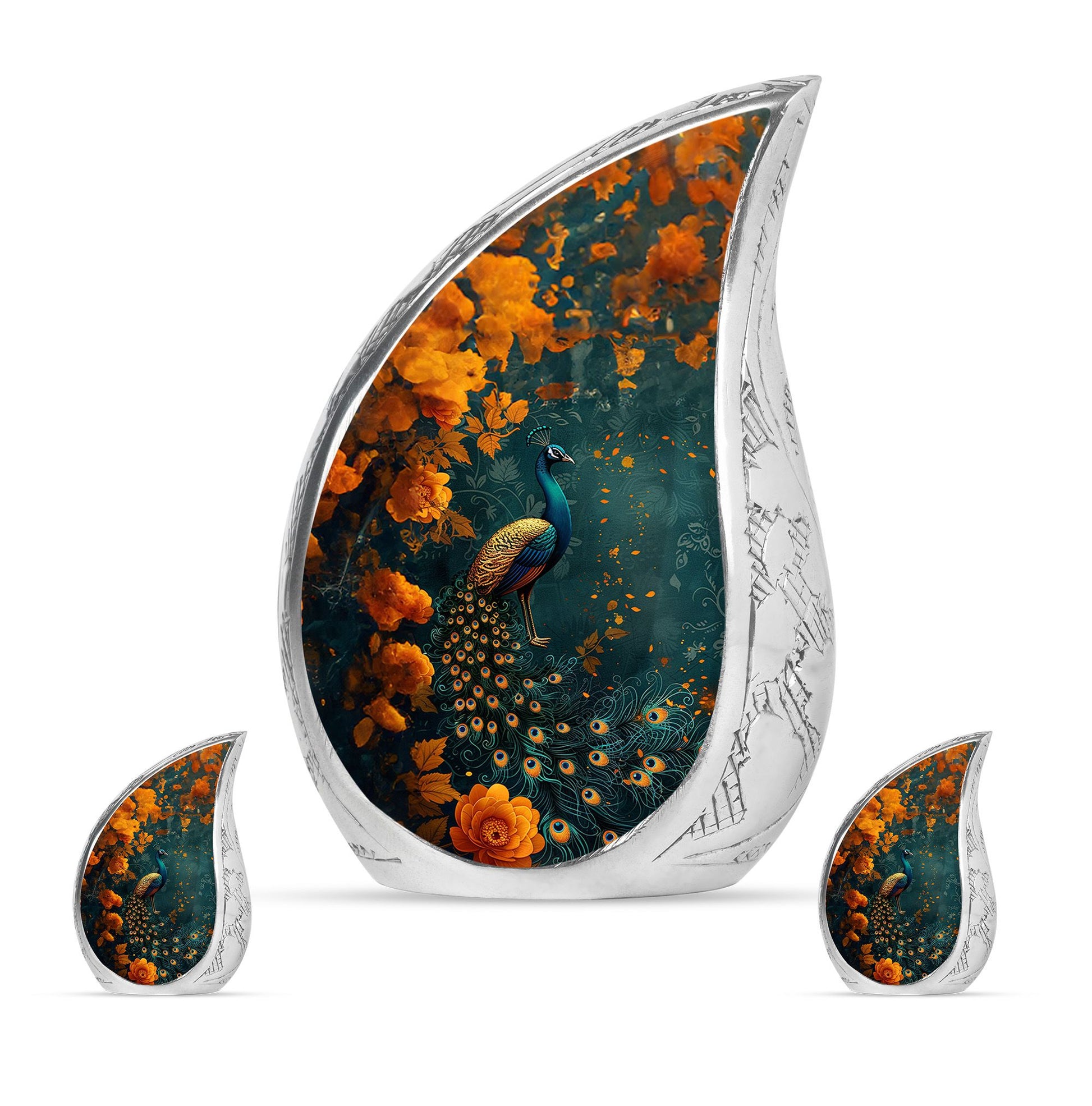 Peacock Theme Large Urn With 2 Keepsake Urn