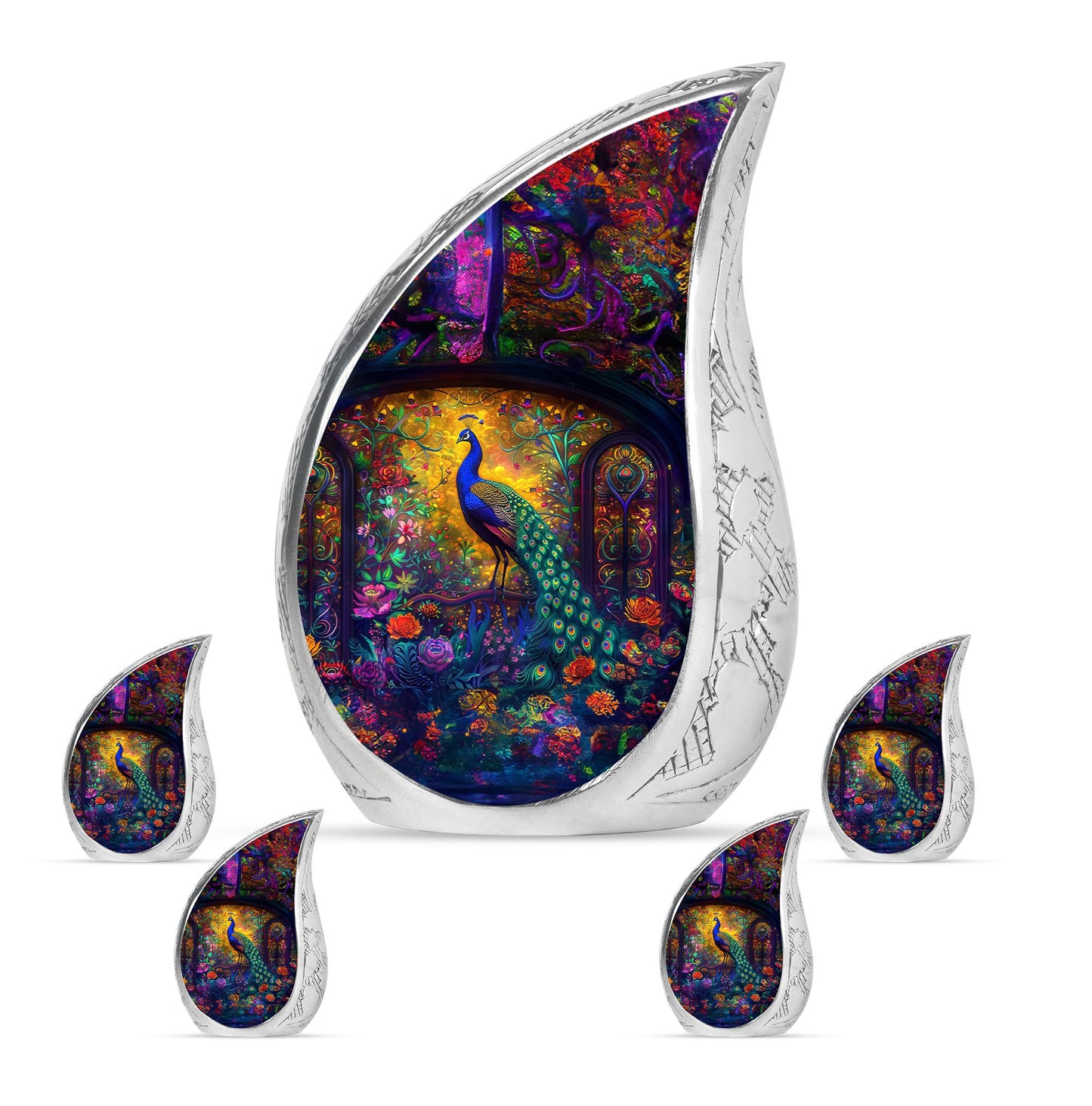 Peacock Theme Large Urn With 4 Keepsake Urn
