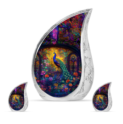 Peacock Theme Large Urn With 2 Keepsake Urn