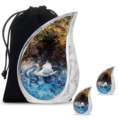 Swan Theme Large Urn With 2 Keepsake Urn