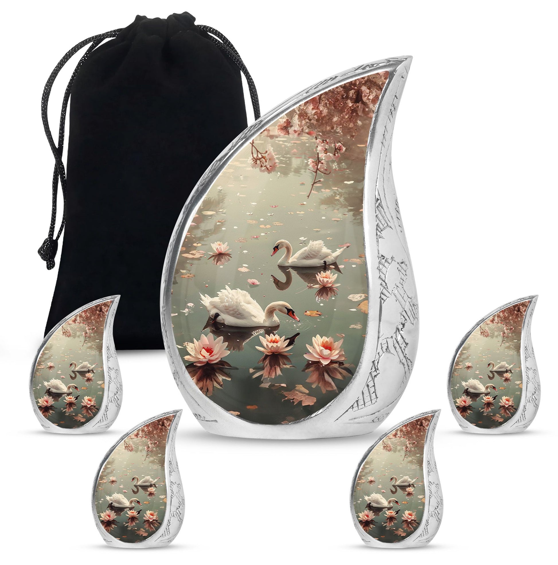 Swan Theme Large Urn With 4 Keepsake Urn