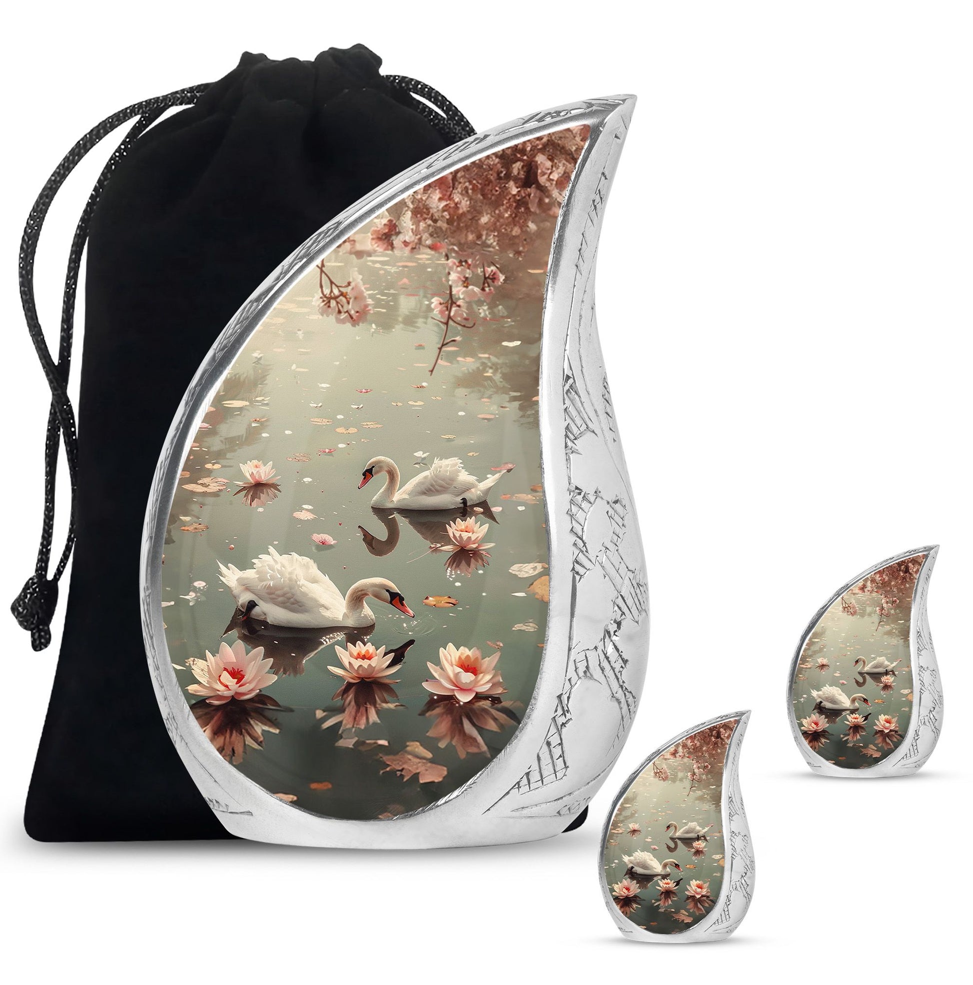 Swan Theme Large Urn With 2 Keepsake Urn