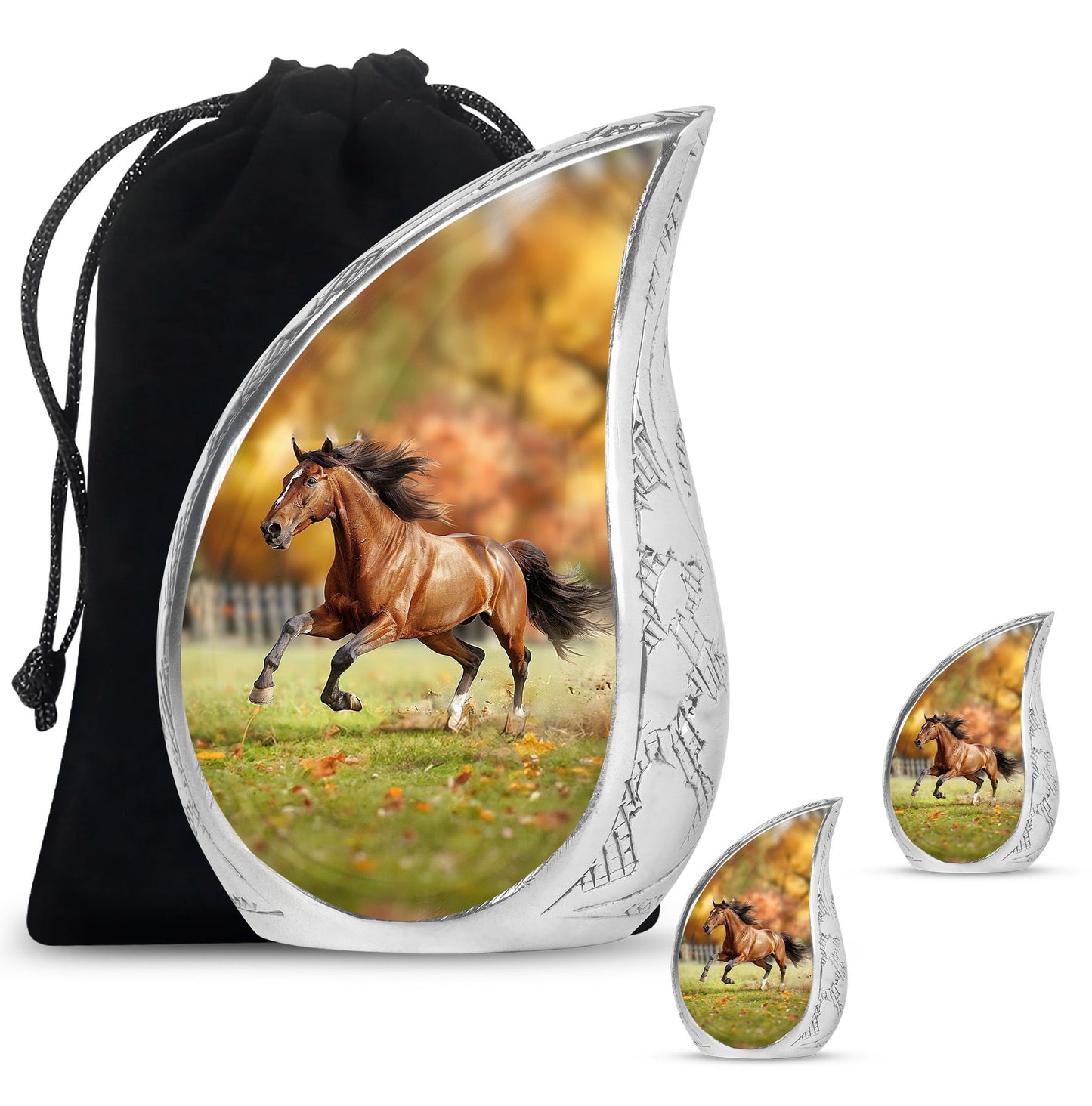 Runing Horse Theme Large Urn With 2 Keepsake Urn