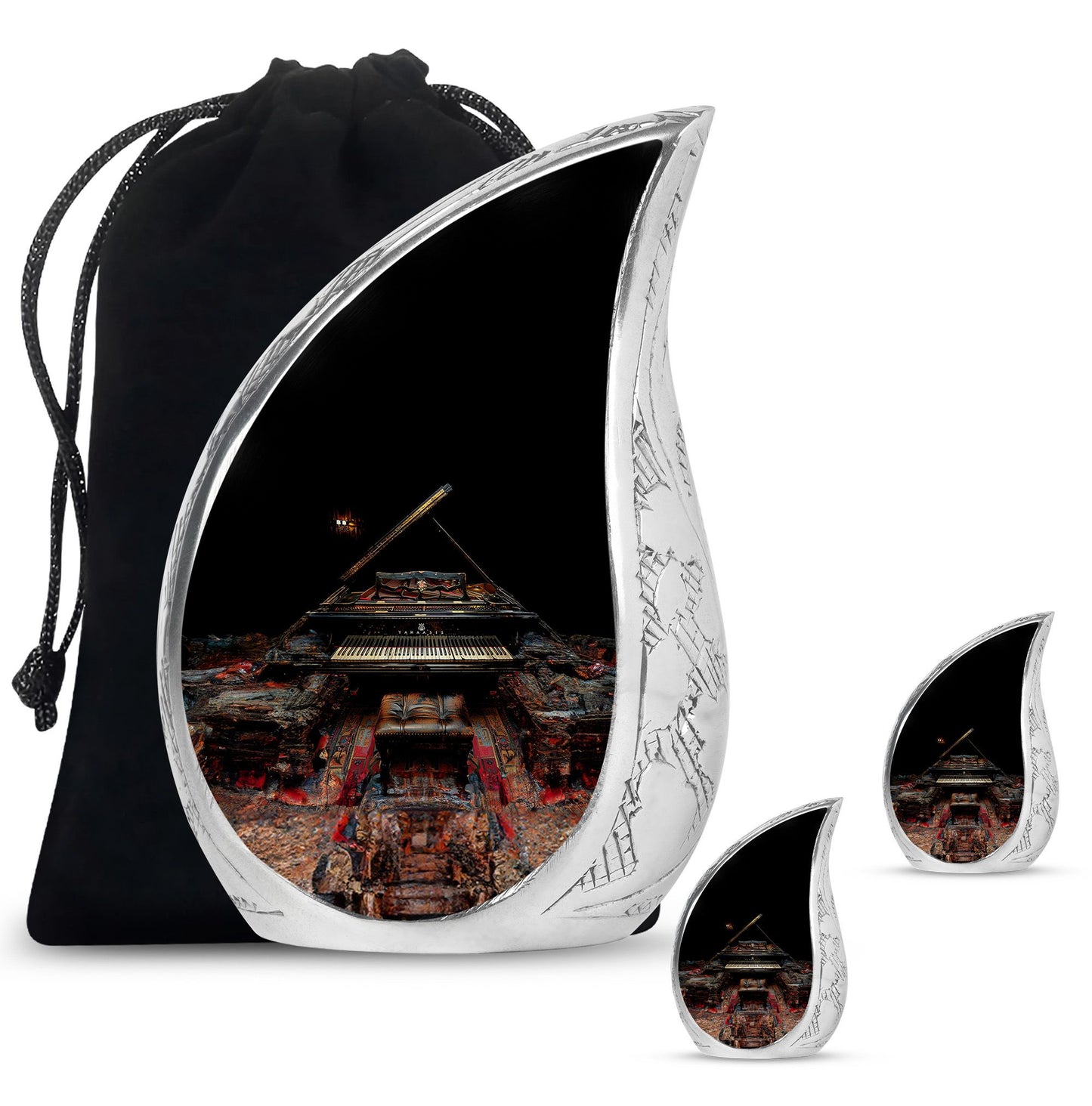 Piano Theme Large Urn With 2 Keepsake Urn