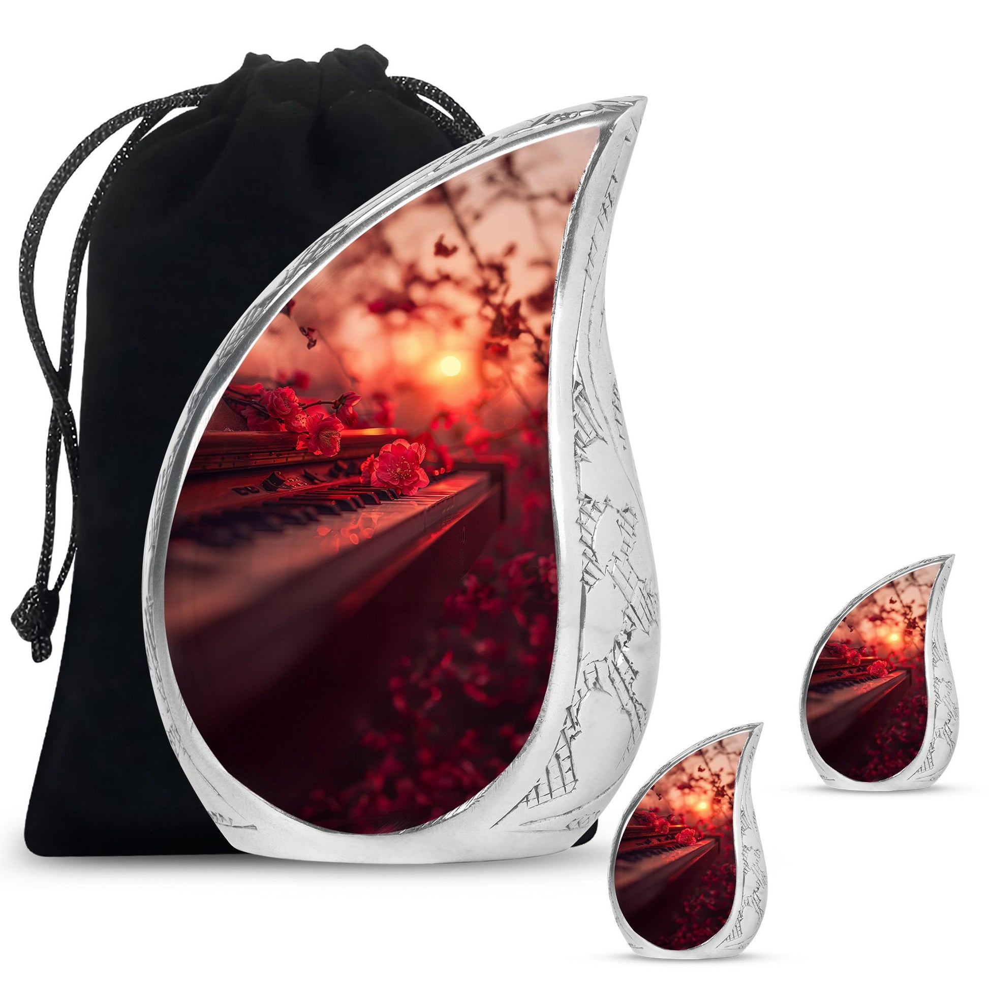 Piano Theme Large Urn With 2 Keepsake Urn