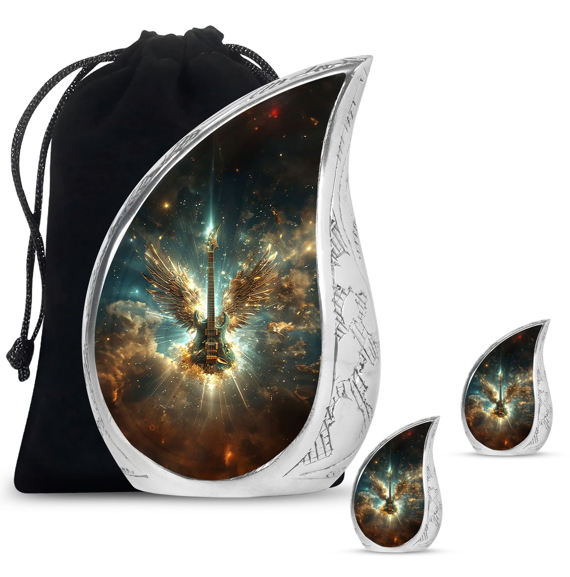 Guitar Theme Large Urn With 2 Keepsake Urn