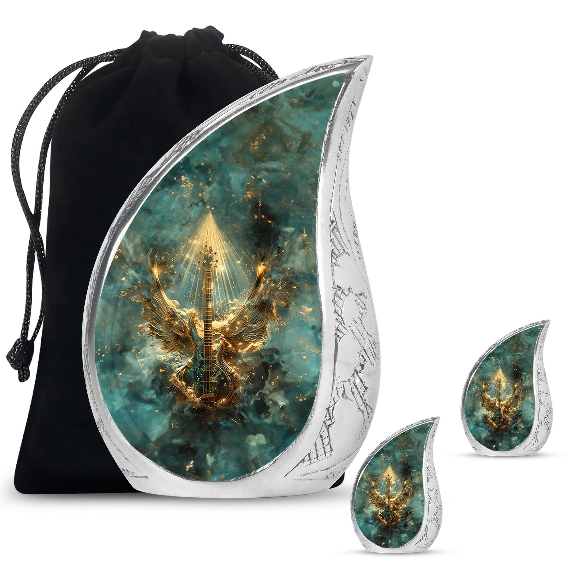 Guitar Theme Large Urn With 2 Keepsake Urn