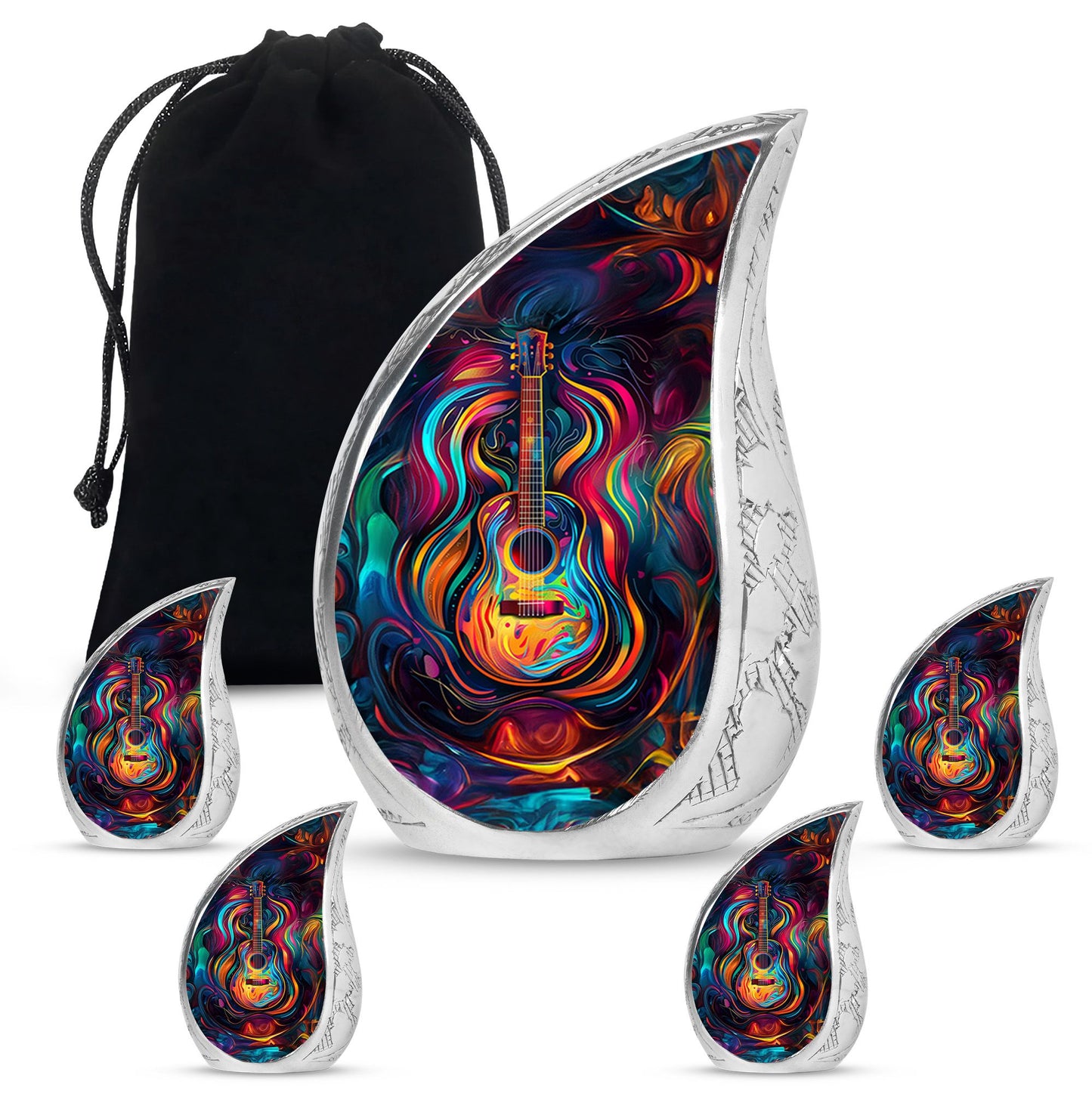 Guitar Theme Large Urn With 4 Keepsake Urn