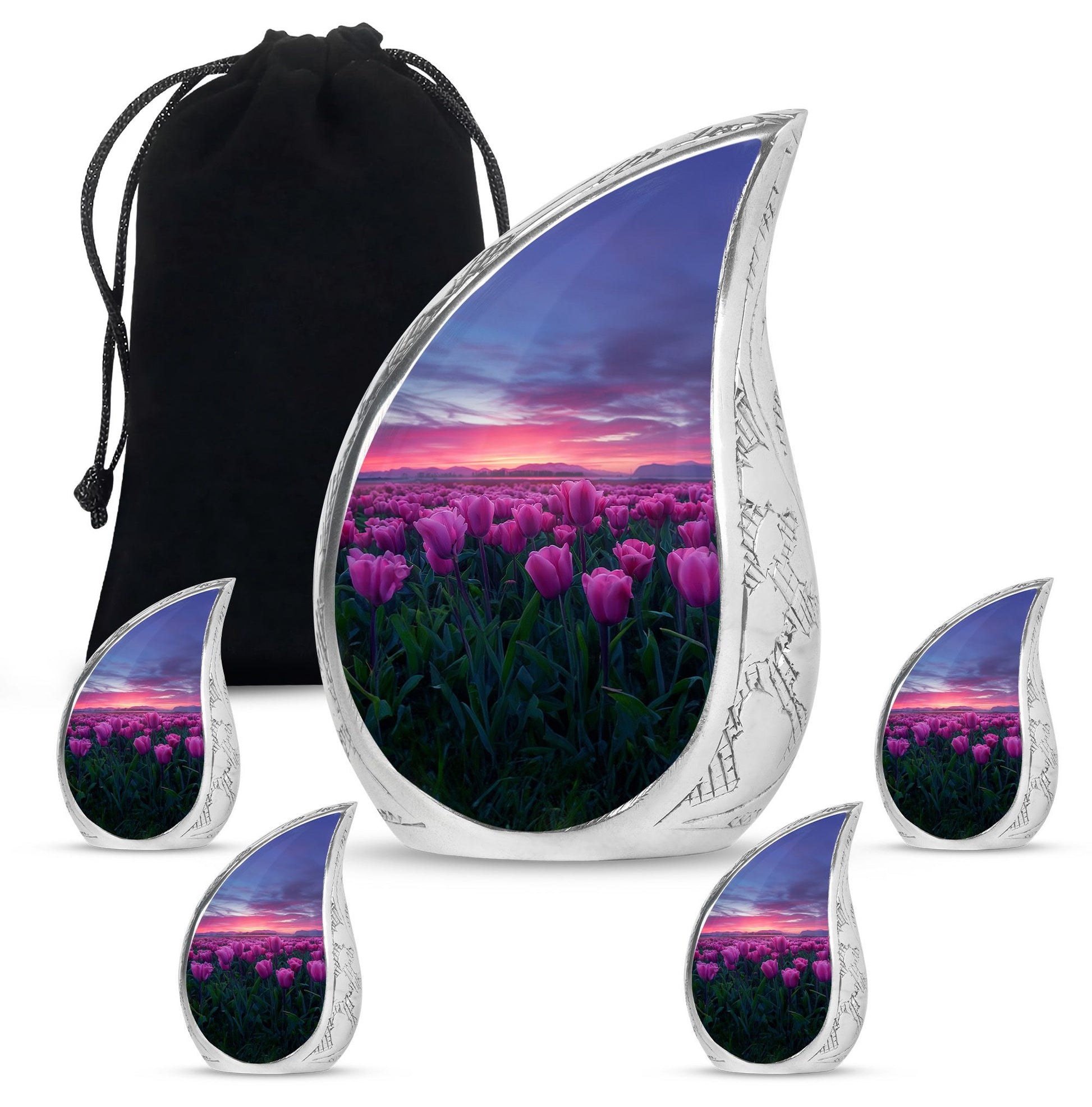 Tulips Theme Large Urn With 4 Keepsake Urn