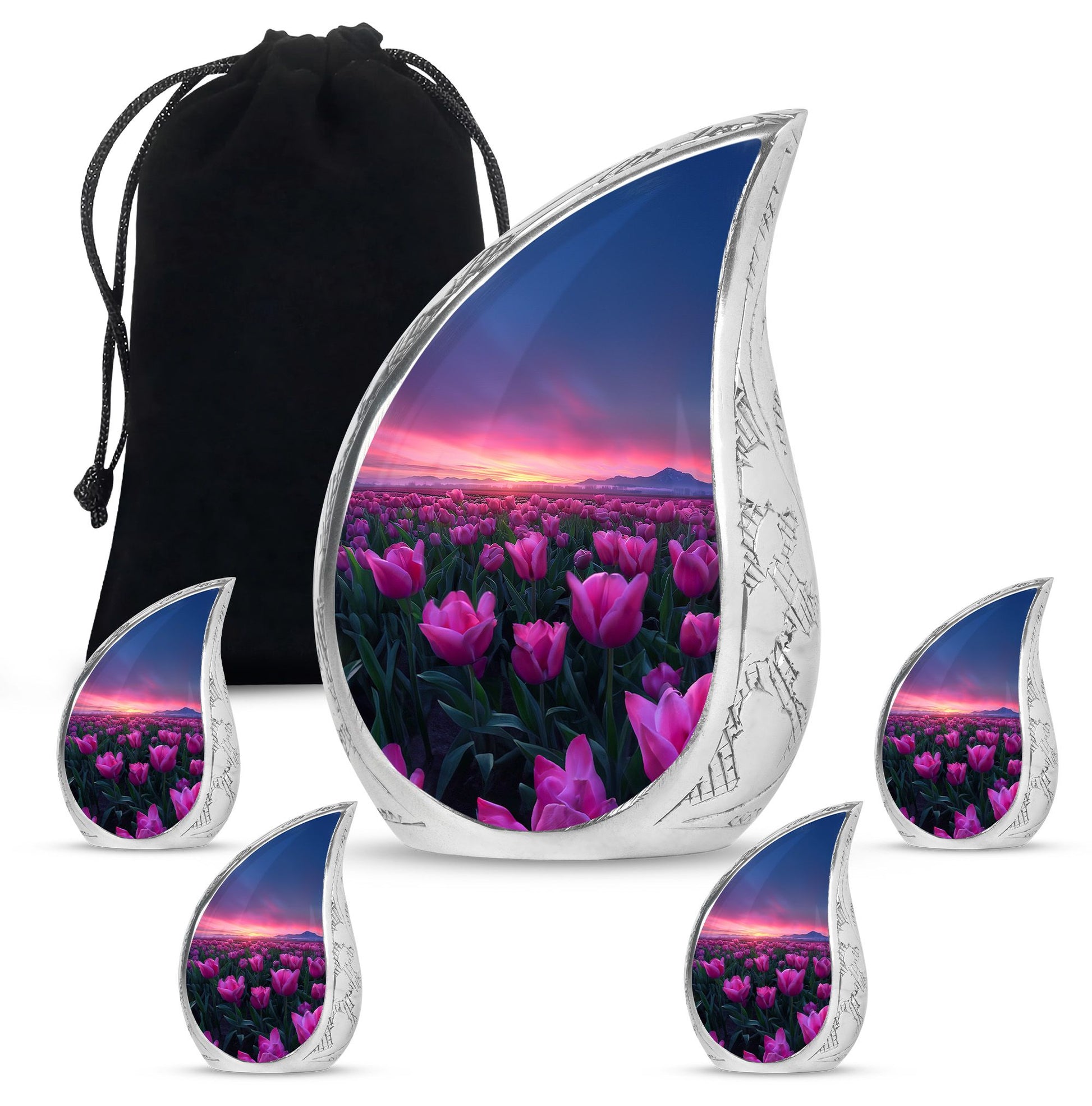 Tulips Theme Large Urn With 4 Keepsake Urn