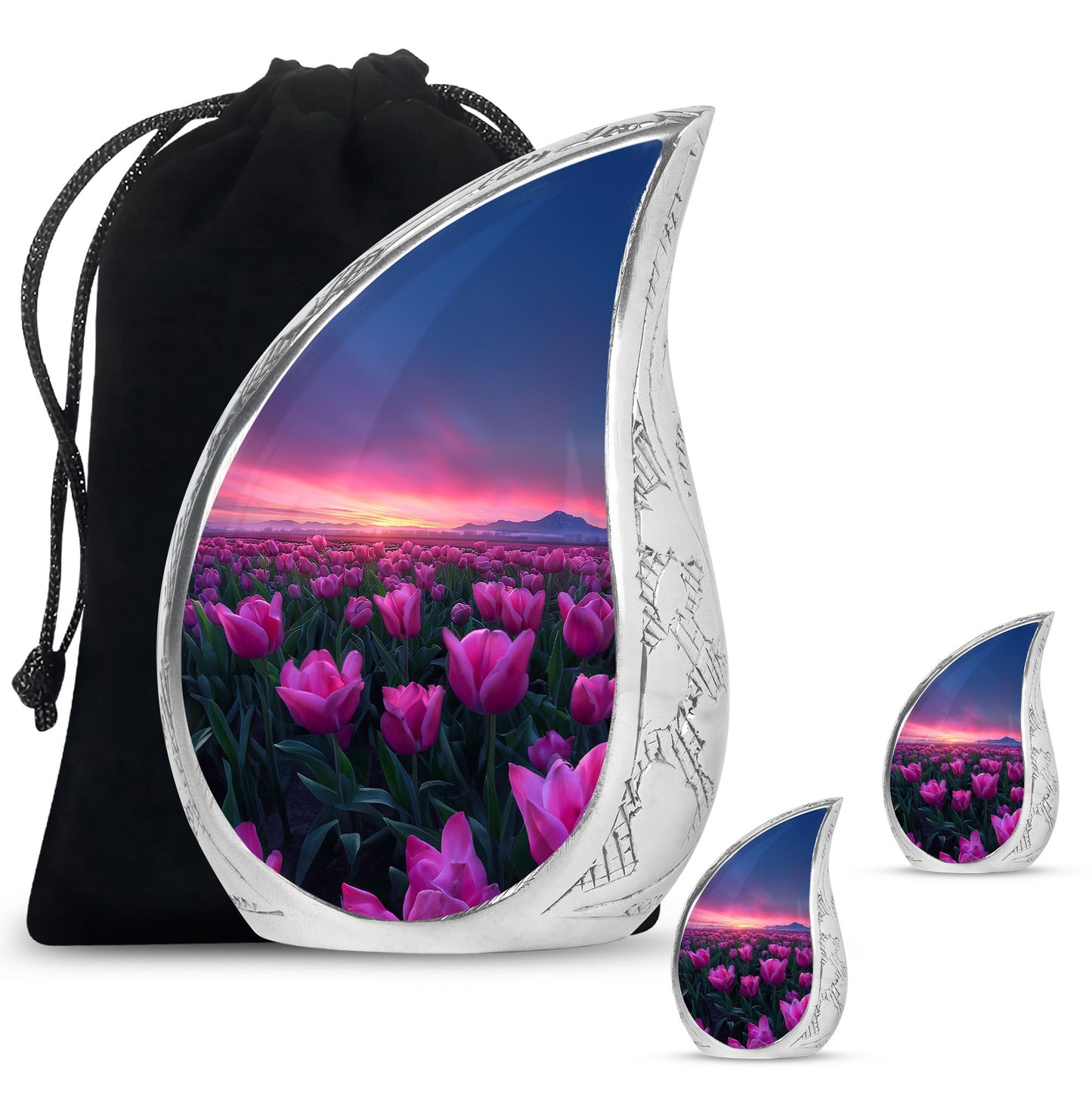 Tulips Theme Large Urn With 2 Keepsake Urn