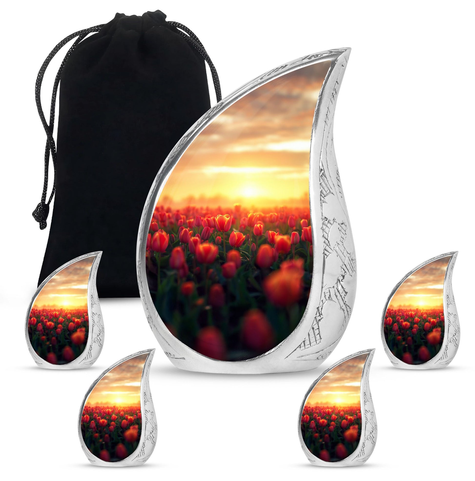 Tulips Theme Large Urn With 4 Keepsake Urn