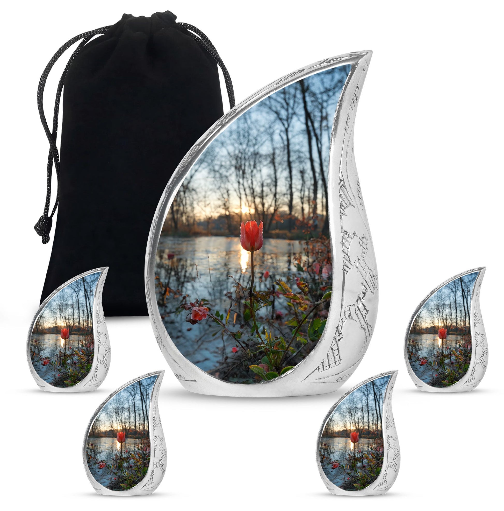 Tulips Theme Large Urn With 4 Keepsake Urn