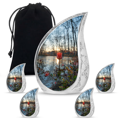 Tulips Theme Large Urn With 4 Keepsake Urn