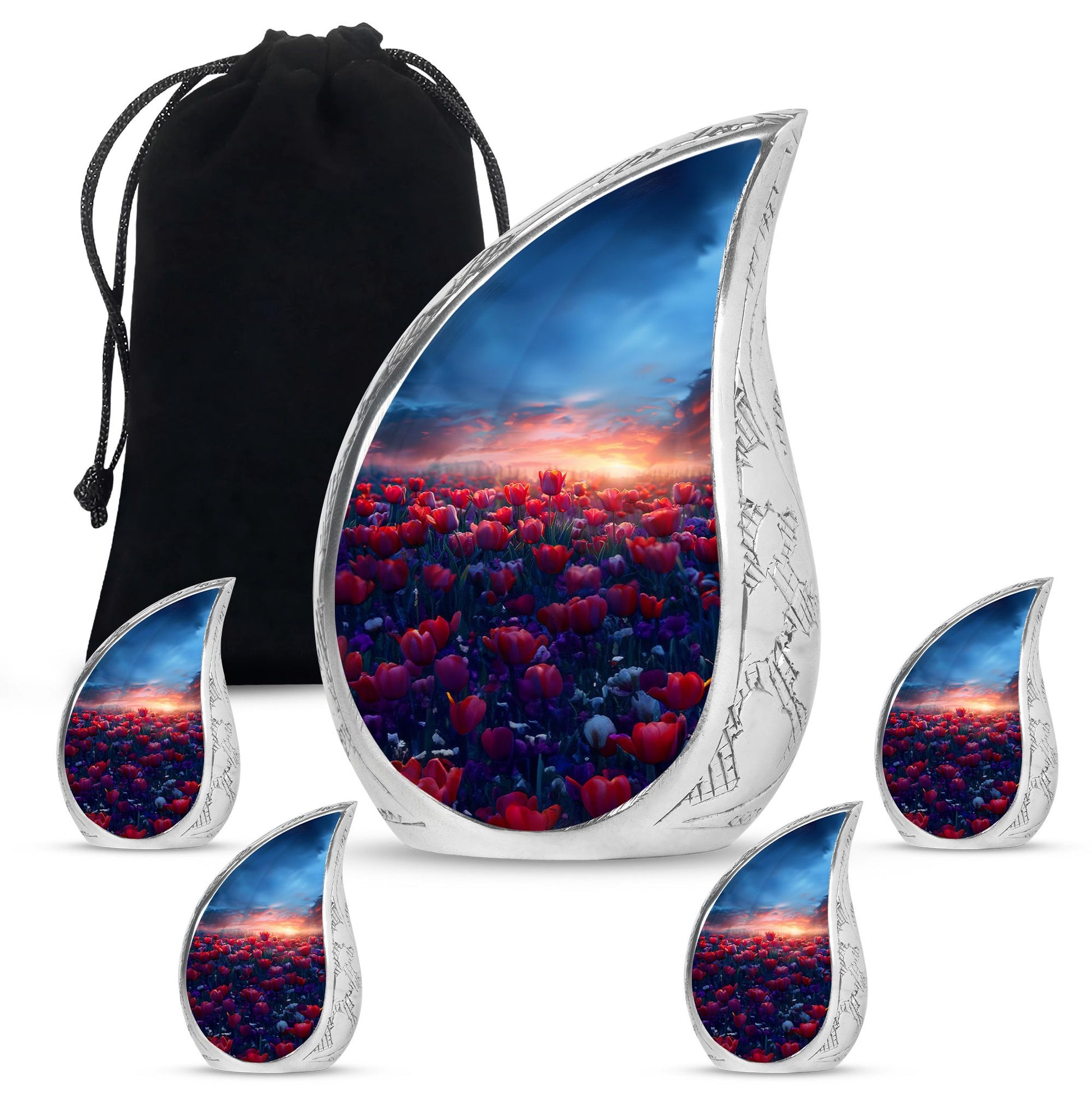 Tulips Theme Large Urn With 4 Keepsake Urn