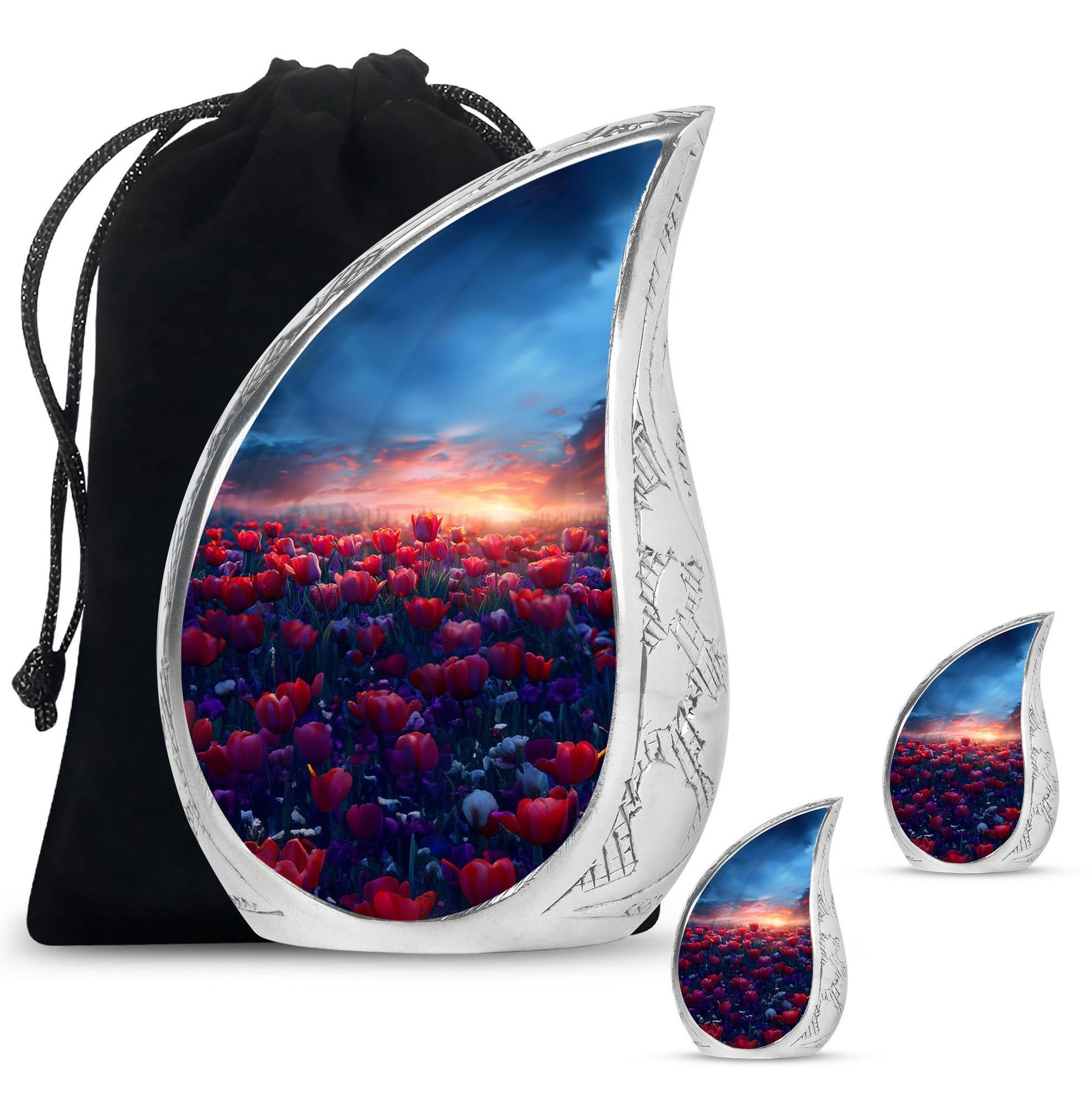 Tulips Theme Large Urn With 2 Keepsake Urn