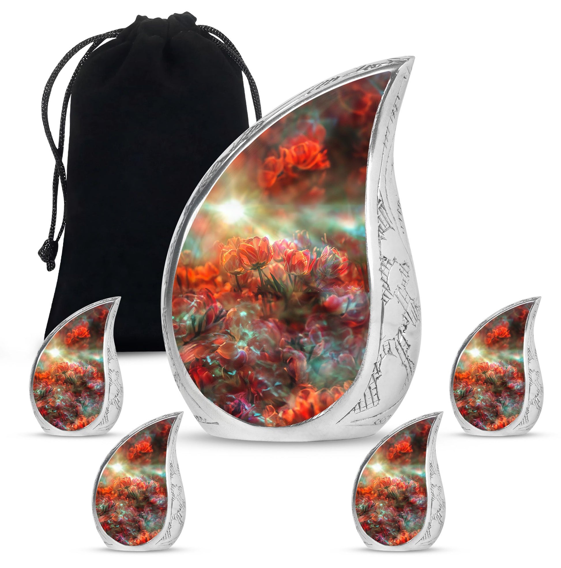 Tulips Theme Large Urn With 4 Keepsake Urn