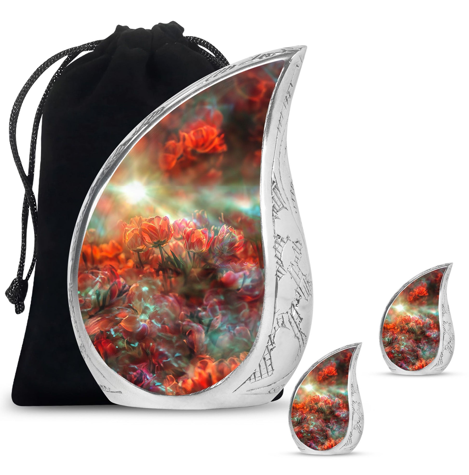 Tulips Theme Large Urn With 2 Keepsake Urn