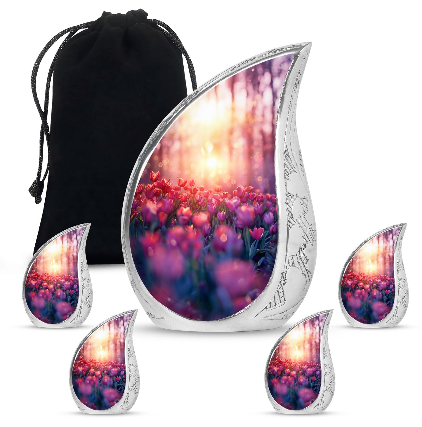 Tulips Theme Large Urn With 4 Keepsake Urn