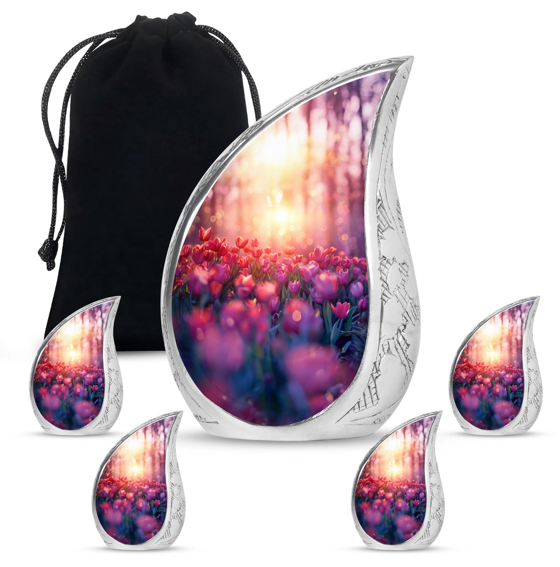 Tulips Theme Large Urn With 4 Keepsake Urn