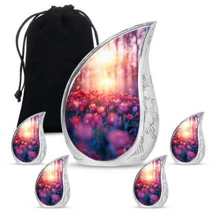 Tulips Theme Large Urn With 4 Keepsake Urn