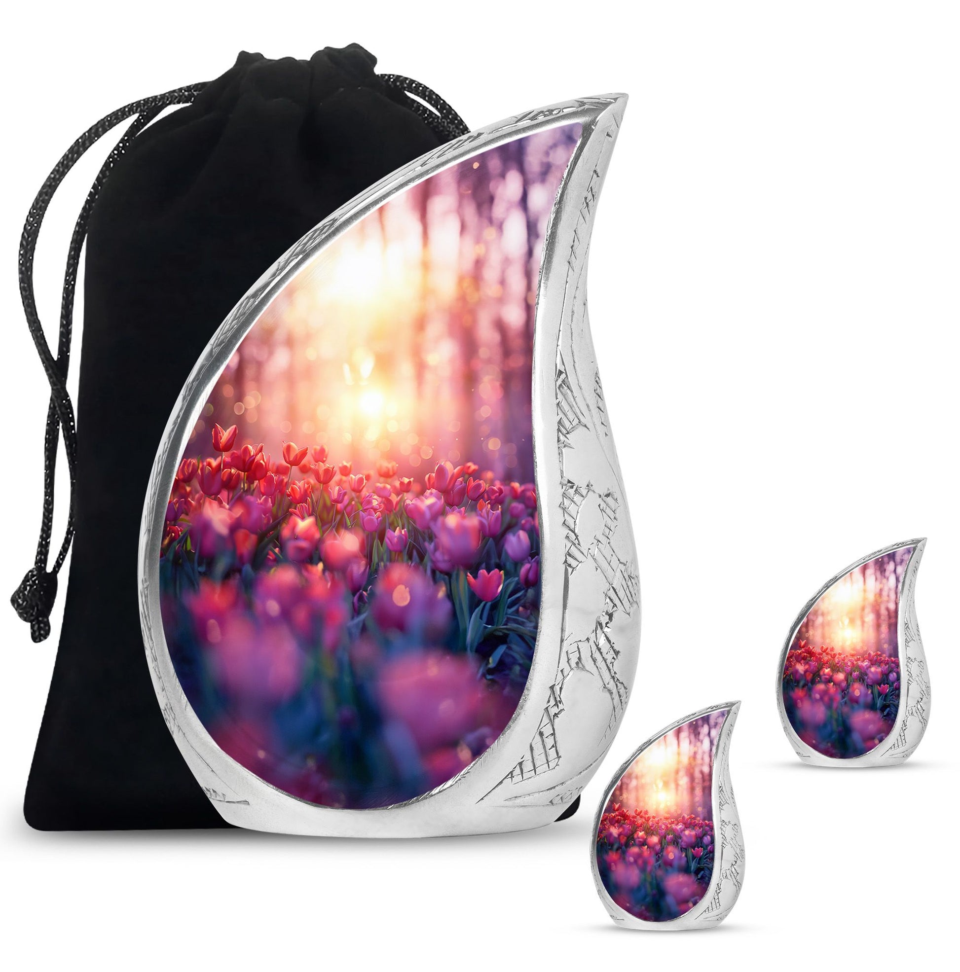 Tulips Theme Large Urn With 2 Keepsake Urn