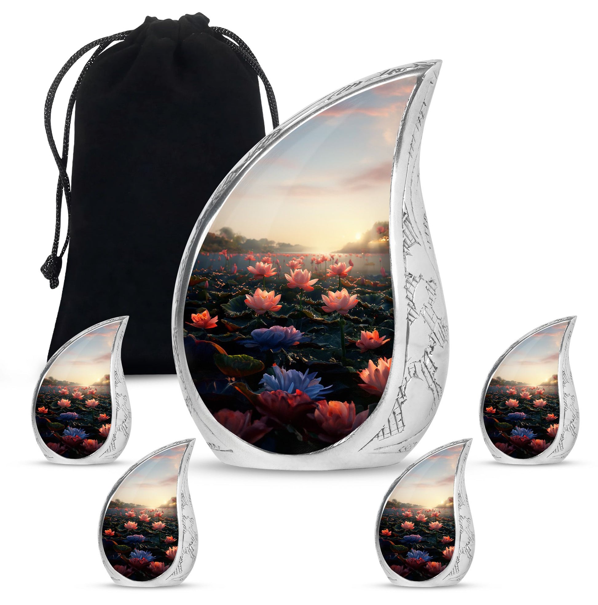 Lotus Theme Large Urn With 4 Keepsake Urn