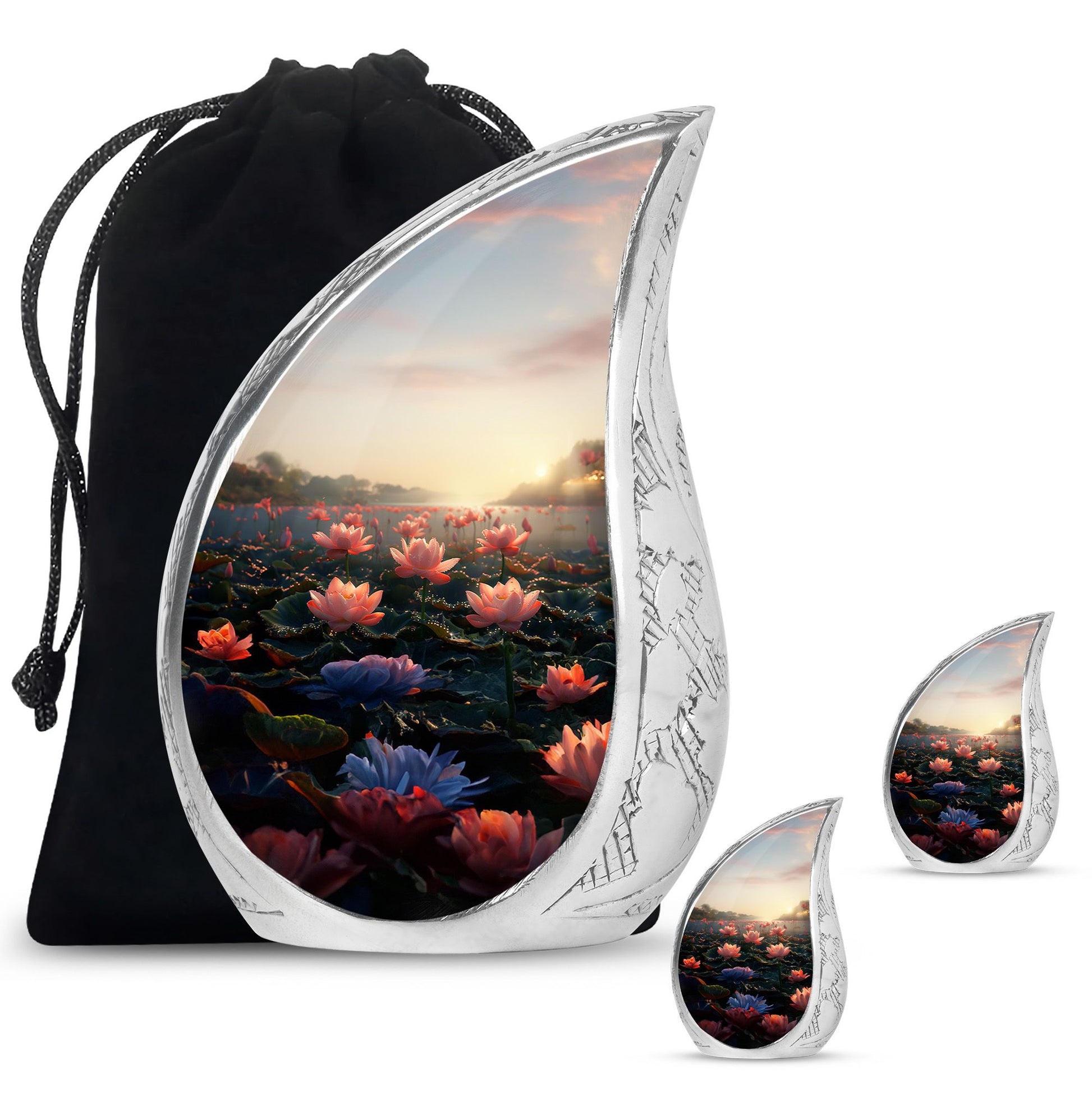 Lotus Theme Large Urn With 2 Keepsake Urn