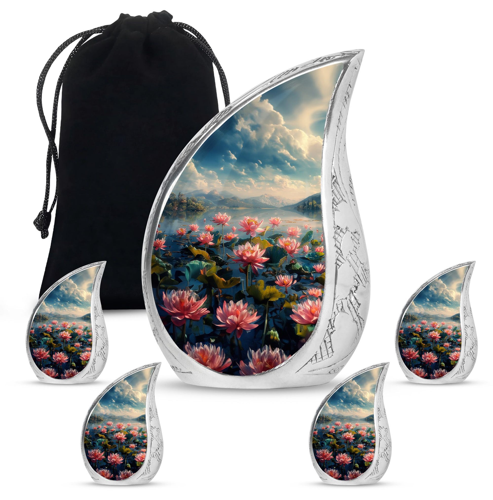 Lotus Theme Large Urn With 4 Keepsake Urn