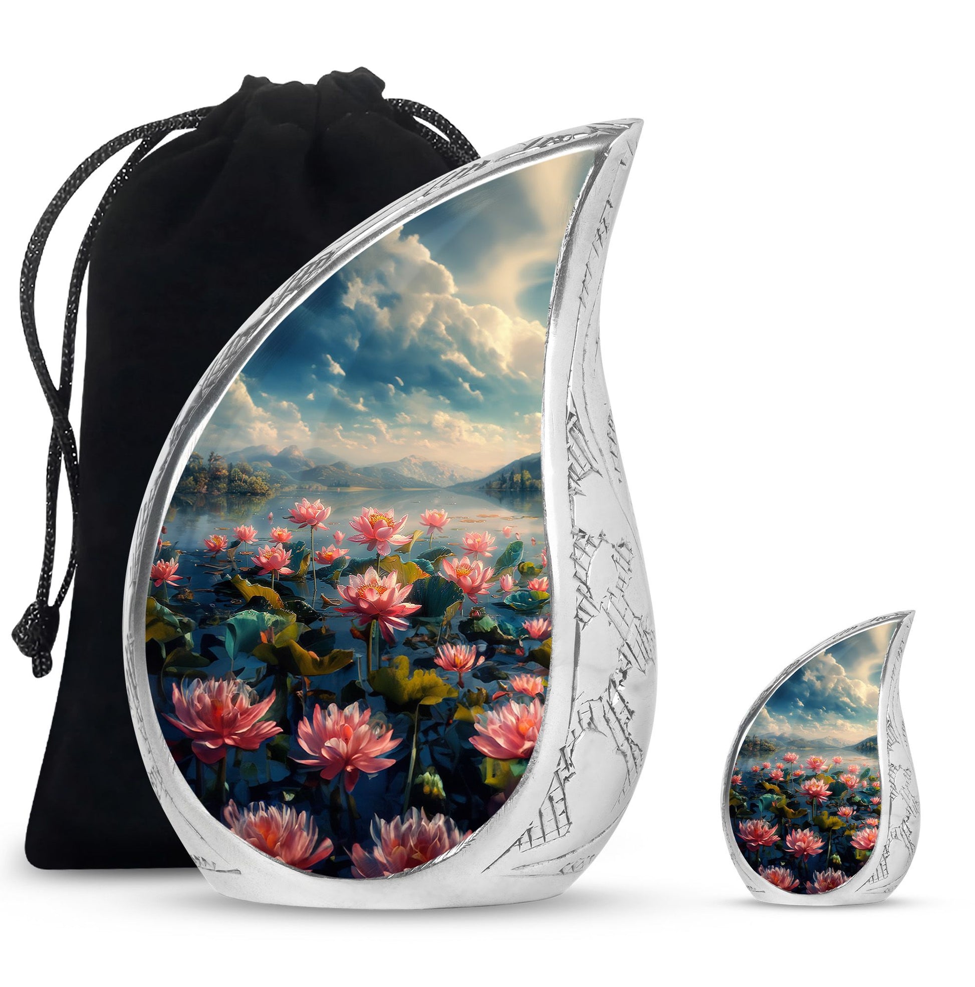 Lotus Theme Large Urn With 1 Keepsake Urn