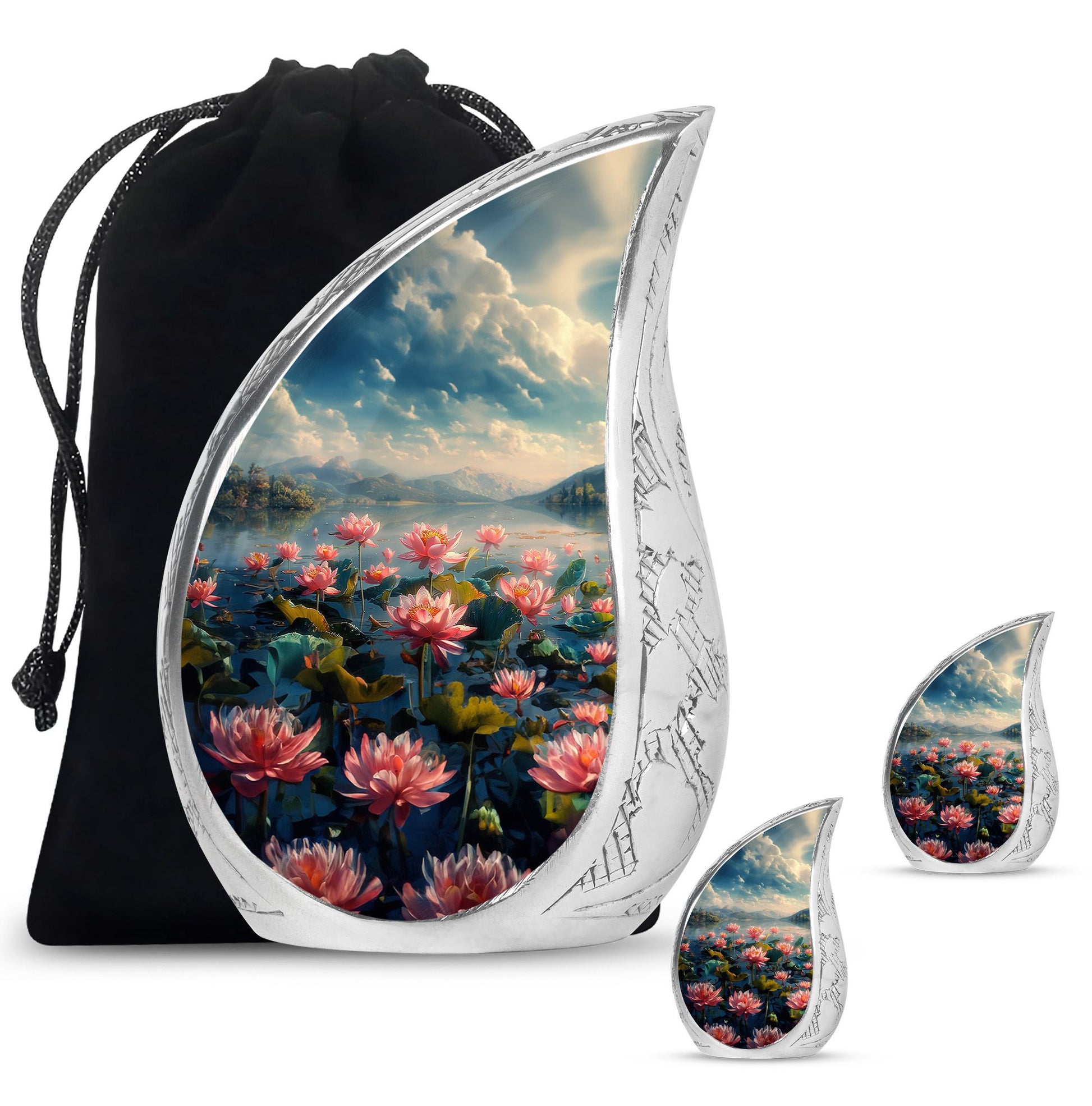 Lotus Theme Large Urn With 2 Keepsake Urn