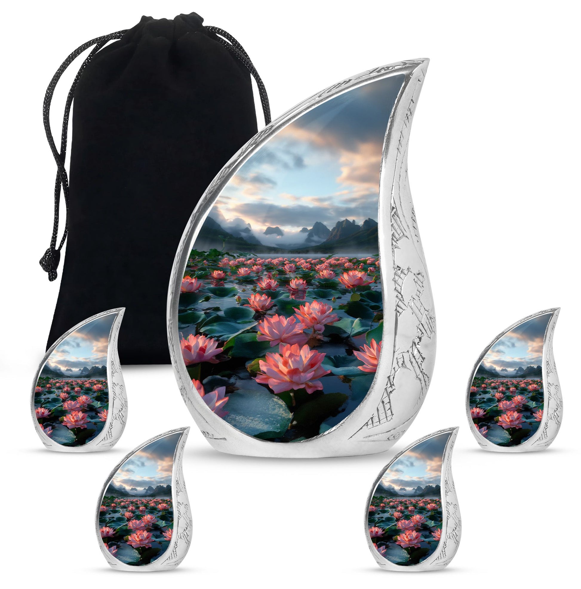 Lotus Theme Large Urn With 4 Keepsake Urn
